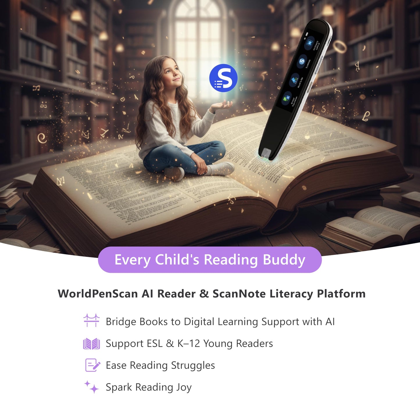 WorldPenScan AI Reader – Reading Pen with Built-in Dictionary & AI Reading Buddy for Kids | Grade-Level Reading Support | English, Spanish, Chinese | Text-to-Speech, Transcribe, Translation
