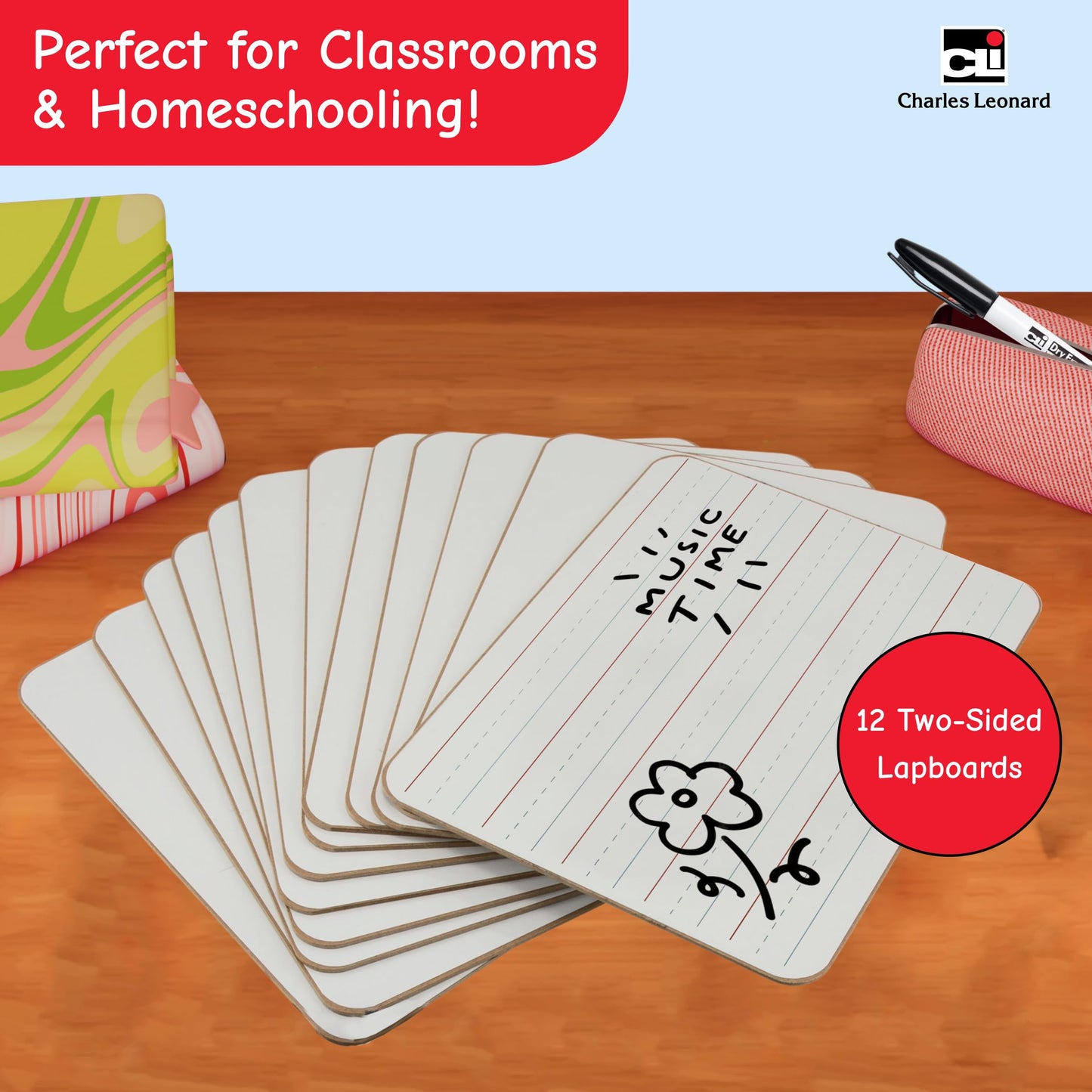 Charles Leonard Dual-Side Mini Dry Erase Boards, Classroom Pack of Mini Lapboards, Set of 12, Plain and Lined Sided Dry Erase White Boards, 9x12 Inches (35120)