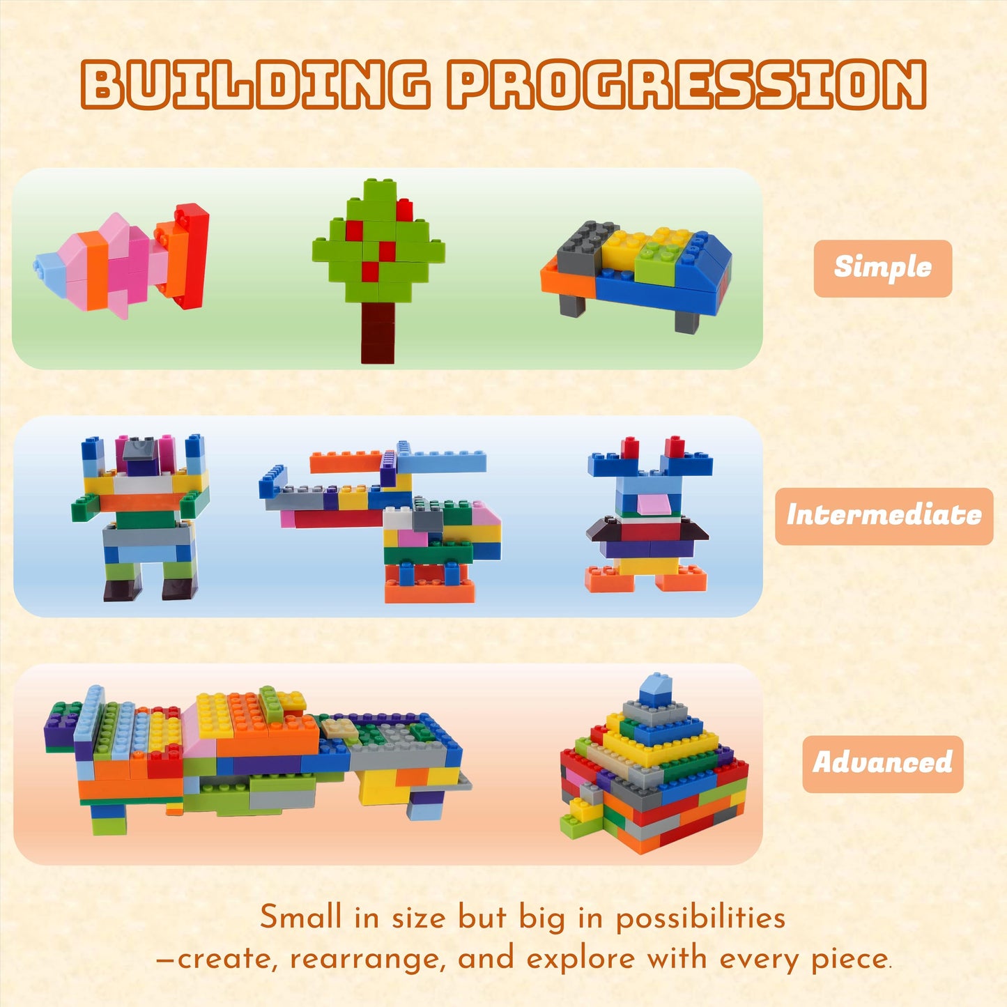 PUZSNAP 500 PCS Building Blocks Set, Compatible Construction Toys with 3 Base Plates (5" × 5") , Educational Creative Bricks for Kids, Ideal Gift, 15 Colors