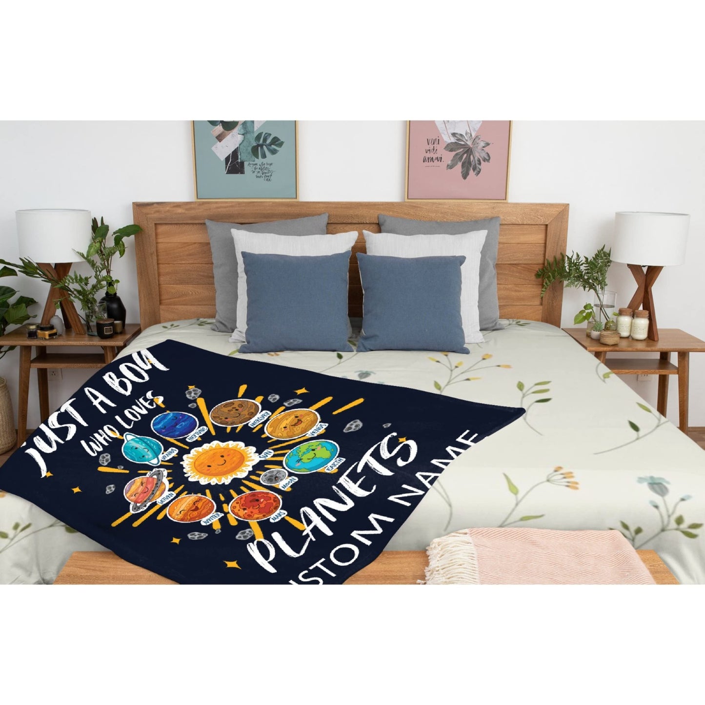 ARTBLANKET Just A Boy Who Loves Planets & Solar Throw Blanket Fannel Fleece Super Soft Funny Blanket Travel Throw Blanket for Bed Couch Sofa Custom Name