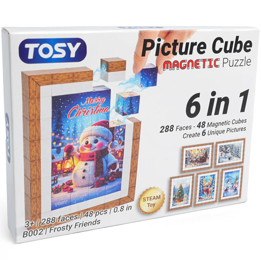 TOSY Picture Cube Frosty Friends: 6-in-1 Magnetic Picture Puzzle, 48 Blocks, 288 Faces/Magnets, 0.8 in, B002, Seamless UV Art, Display-Ready Frame, Collectible, STEM/STEAM Gift for Kids & Adults