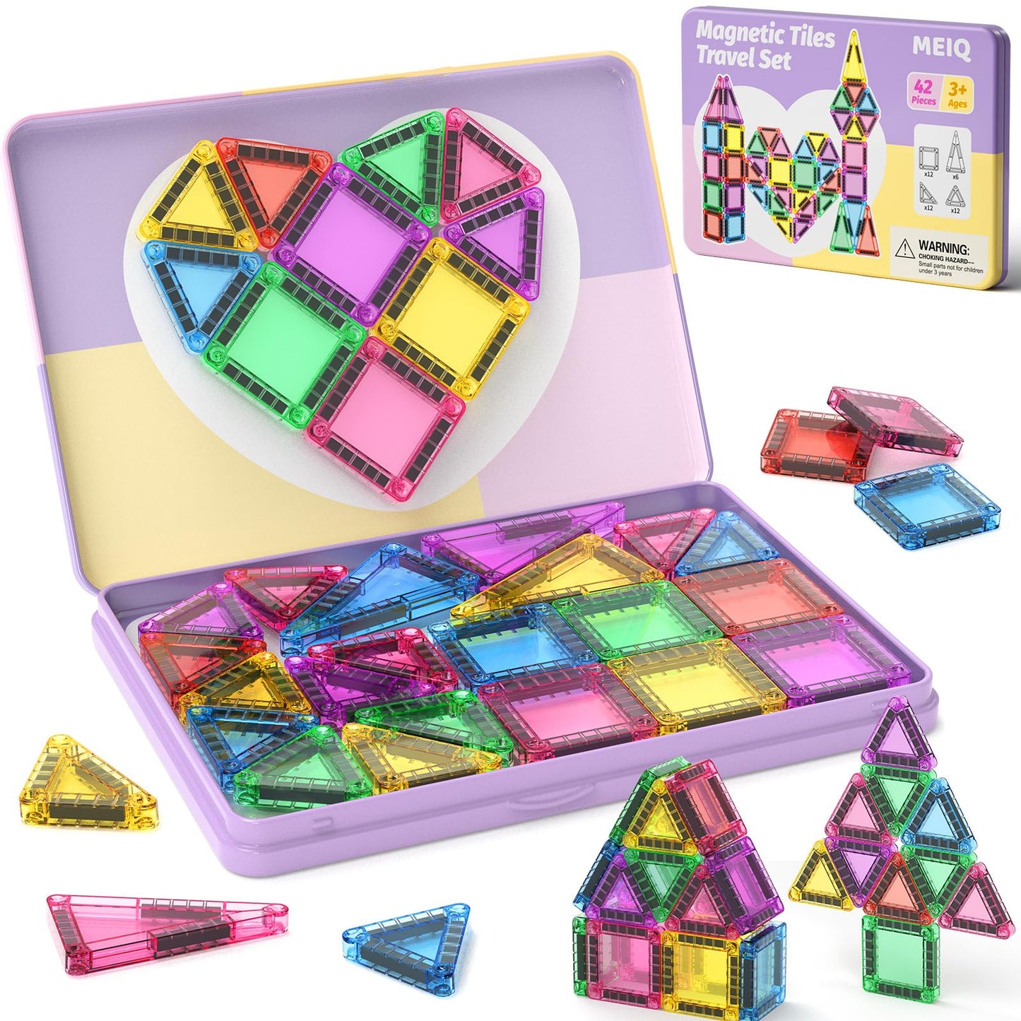 MEIQ 42-Piece Mini Magnetic Tiles Travel Set with Metal Storage Box - Portable STEM Building Blocks for Kids Ages 3-8, Montessori Educational Toys for Airplane & Car Rides, Gift for Boys & Girls