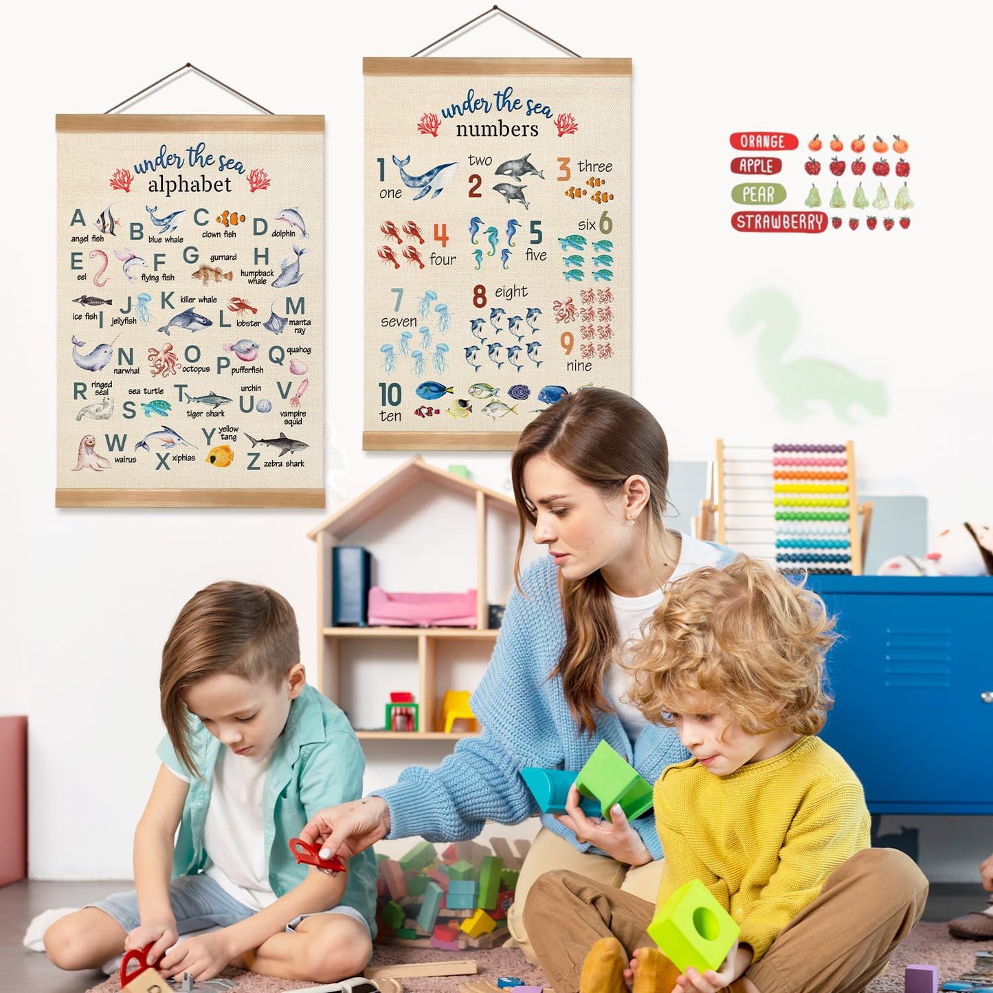 ZTGDA Alphabet Numbers Wall ArtSet of 2,ABC &123 Educational Learning Posters, Marine Fishs Wall Hanging Decor for Toddler Room Playroom,Nursery,or Classroom 12x16inch (Ocean Animal)