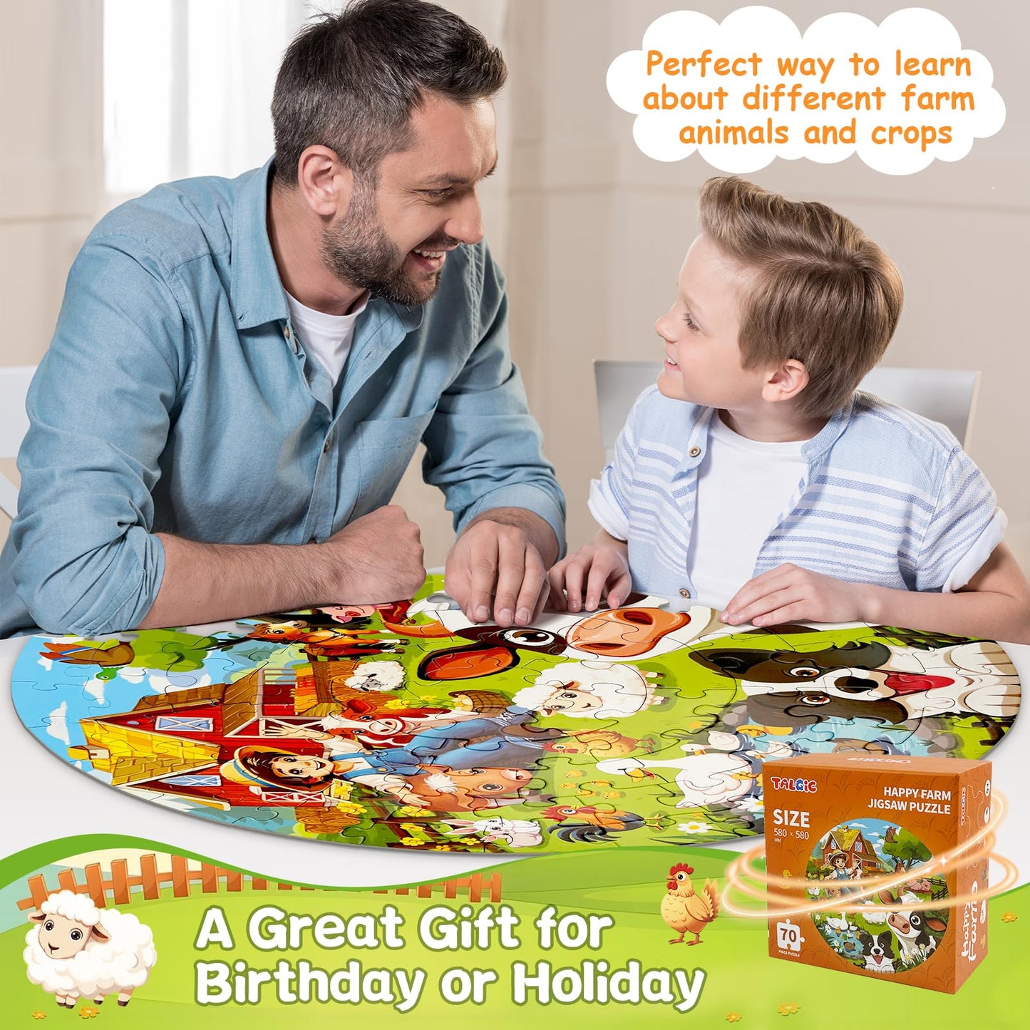 TALGIC Puzzles for Kids Ages 4-6, 70 Piece Round Floor Puzzles for Kids Ages 3-5 with Animals & Barn, Popular Educational Toys & Gift for 3 4 5 6 7 8 9 10