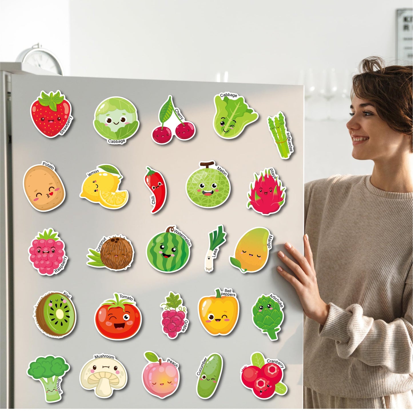 Fecheche Large Size Cute Fridge Magnets for Toddlers, Preschool Spelling Learning Education Refrigerador Magnetic Toy (Fruits Vegetables 43pcs)