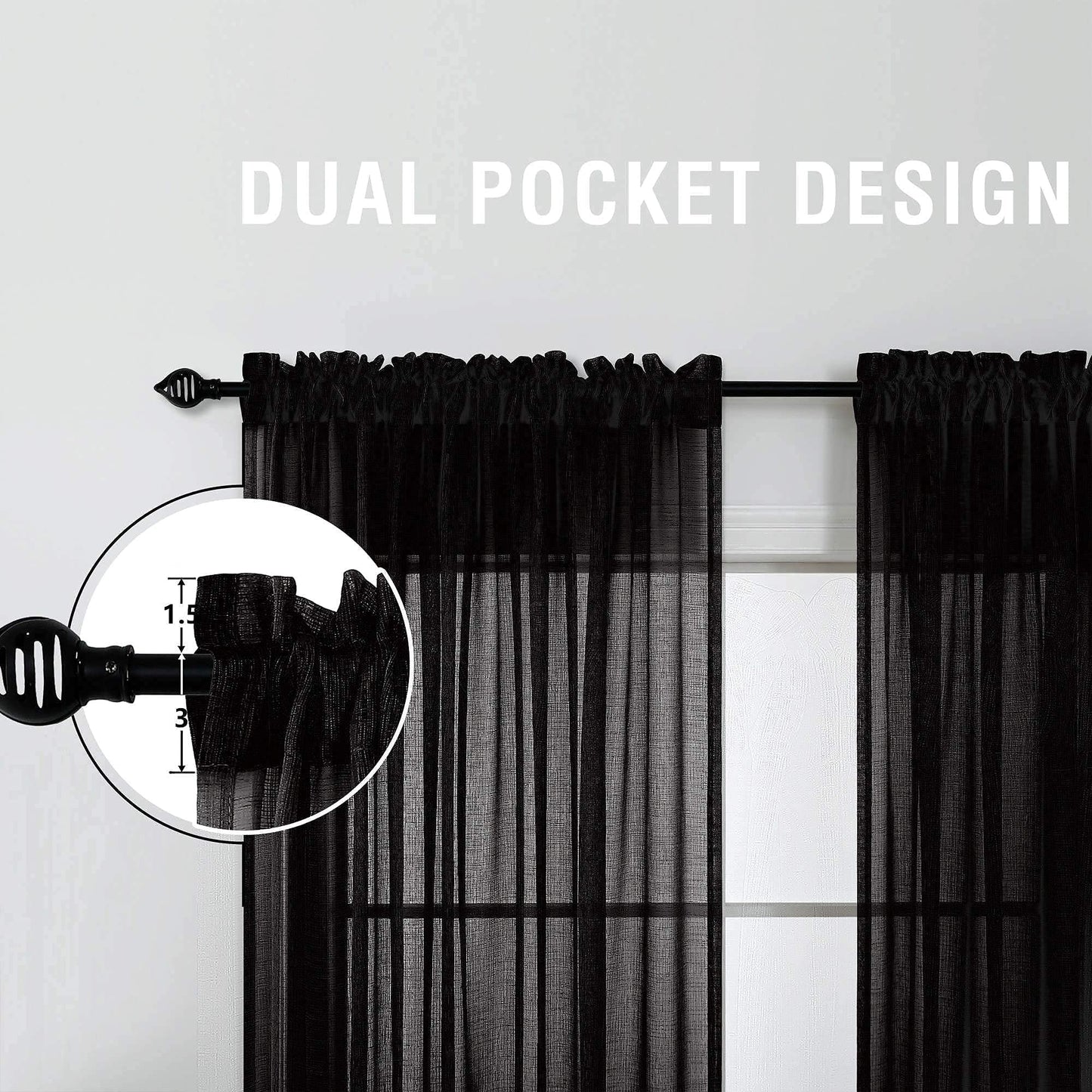 KOUFALL Black Curtains 96 Inches Long for Office,Light Filtering Linen Sheer Curtains for Living Room 96 Inch Length