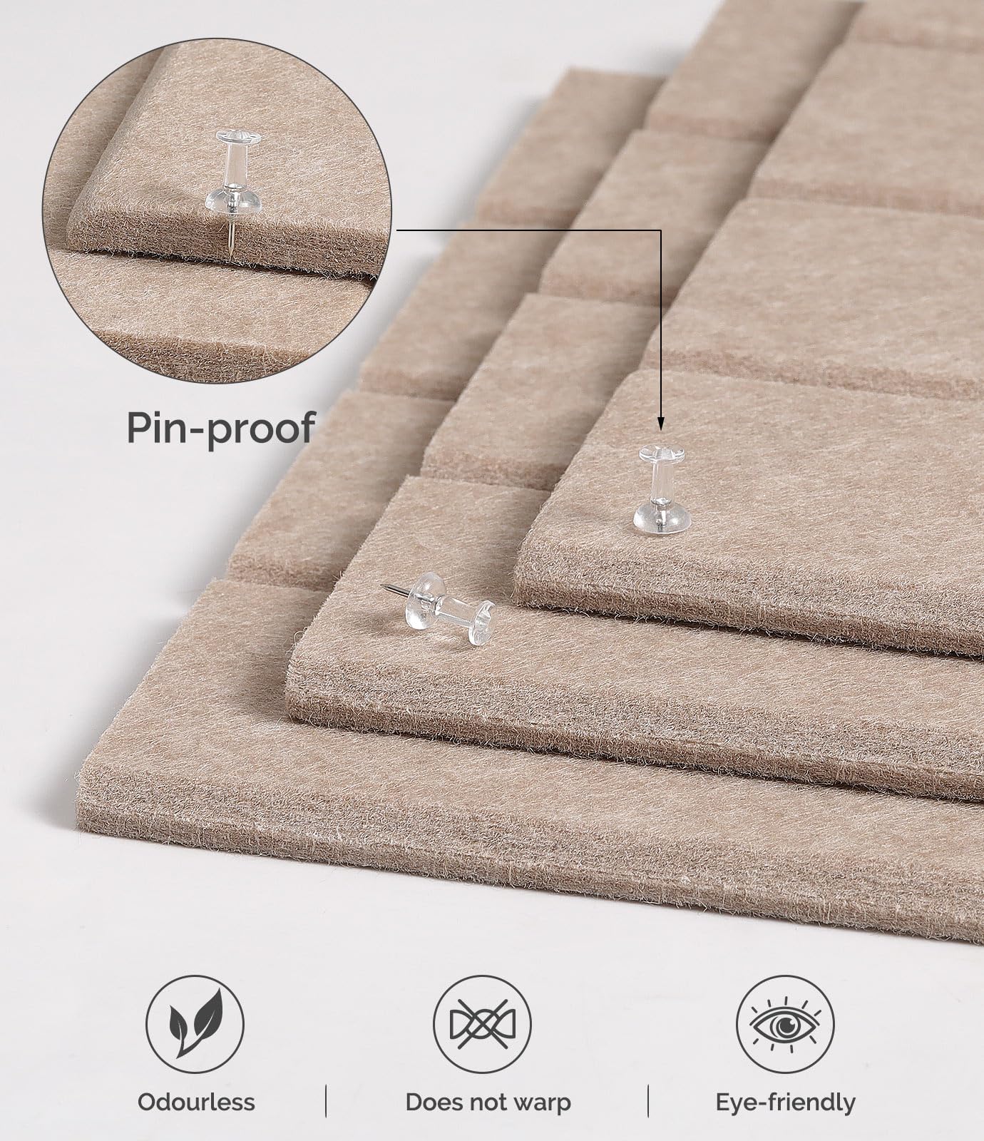 Bounmer Large Cork Board Alternative 48“ x 36”, 12-Pack Felt Bulletin Board Tiles with 60 Safe Removable Adhesive Tabs & 30 Pushpins, Cork Boards for Office Walls Decor (Taupe)