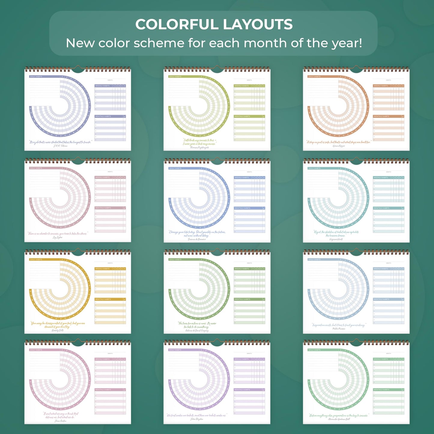 Clever Fox Habit Calendar Circle – 24-Month Inspirational Daily Habit Tracker with Colorful Pages – Routine & Goal Planner Journal (Dark Green & Red)