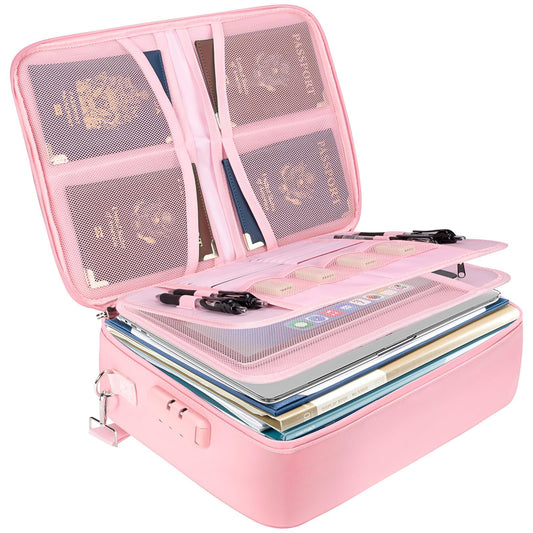 BALEINE Fireproof Document Box with Lock, Portable Fireproof Document Bag Waterproof Fire Proof File Boxes for Documents, File Organizer Box for Important Paperwork (Pink, 15''x11''x4'')