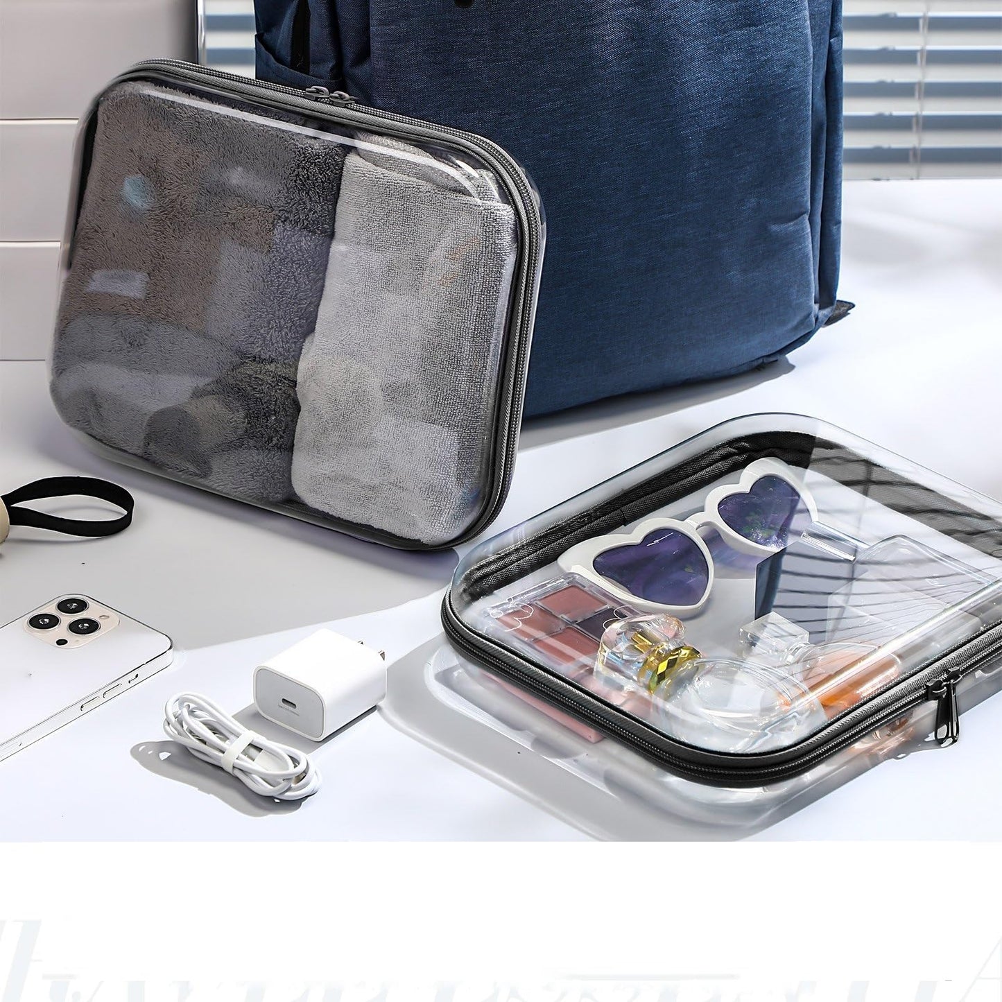 Hoolerry 3 Pcs Clear Hard Zipper Case Hard Plastic Zipper Pouch Makeup Bag Portable Travel Organizer for Cosmetics, Office Supplies, Documents & Toiletries(Black,M)