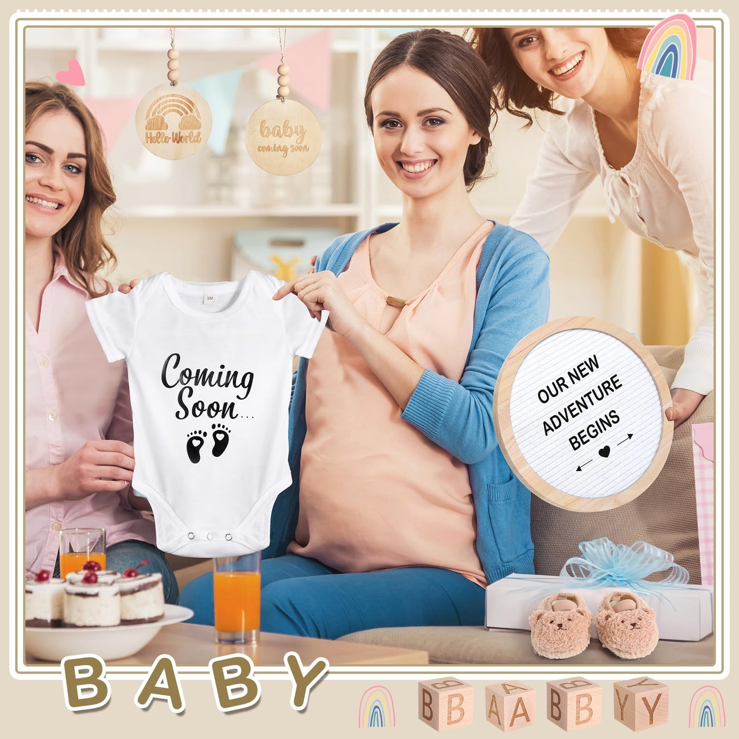 Canlierr 8 Pcs Pregnancy Announcement Set Pregnancy Reveal Ideas Include Felt Letter Round Board Kit Baby Bodysuit Booties Wood Blocks Wooden Signs for Coming Soon Baby Announcement(White)