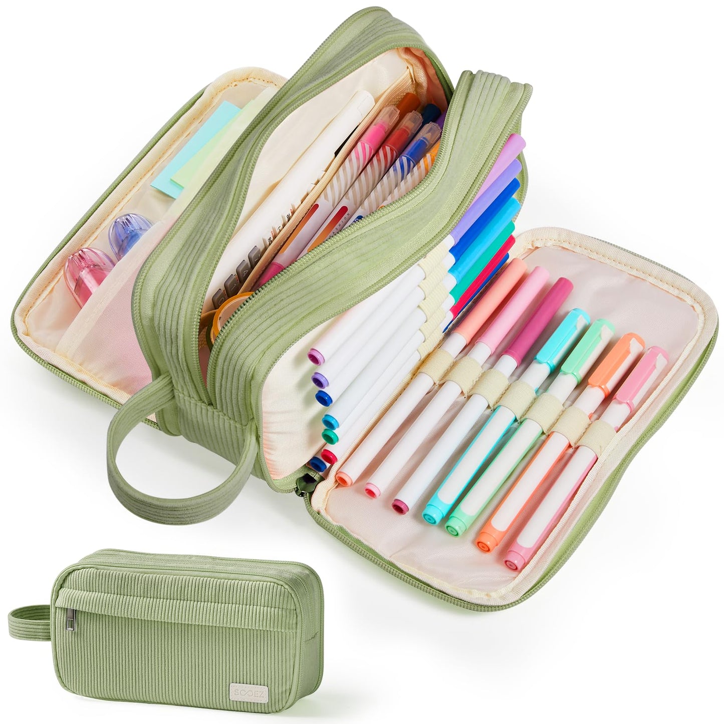 Sooez High Capacity Pencil Case, Soft Corduroy Pencil Pouch with 4 Compartments, Multiple Pockets, Large Pencil Bag with Sturdy Zipper, Cute Pencil Case Pouch Organizer for Student Teen Girls, Green