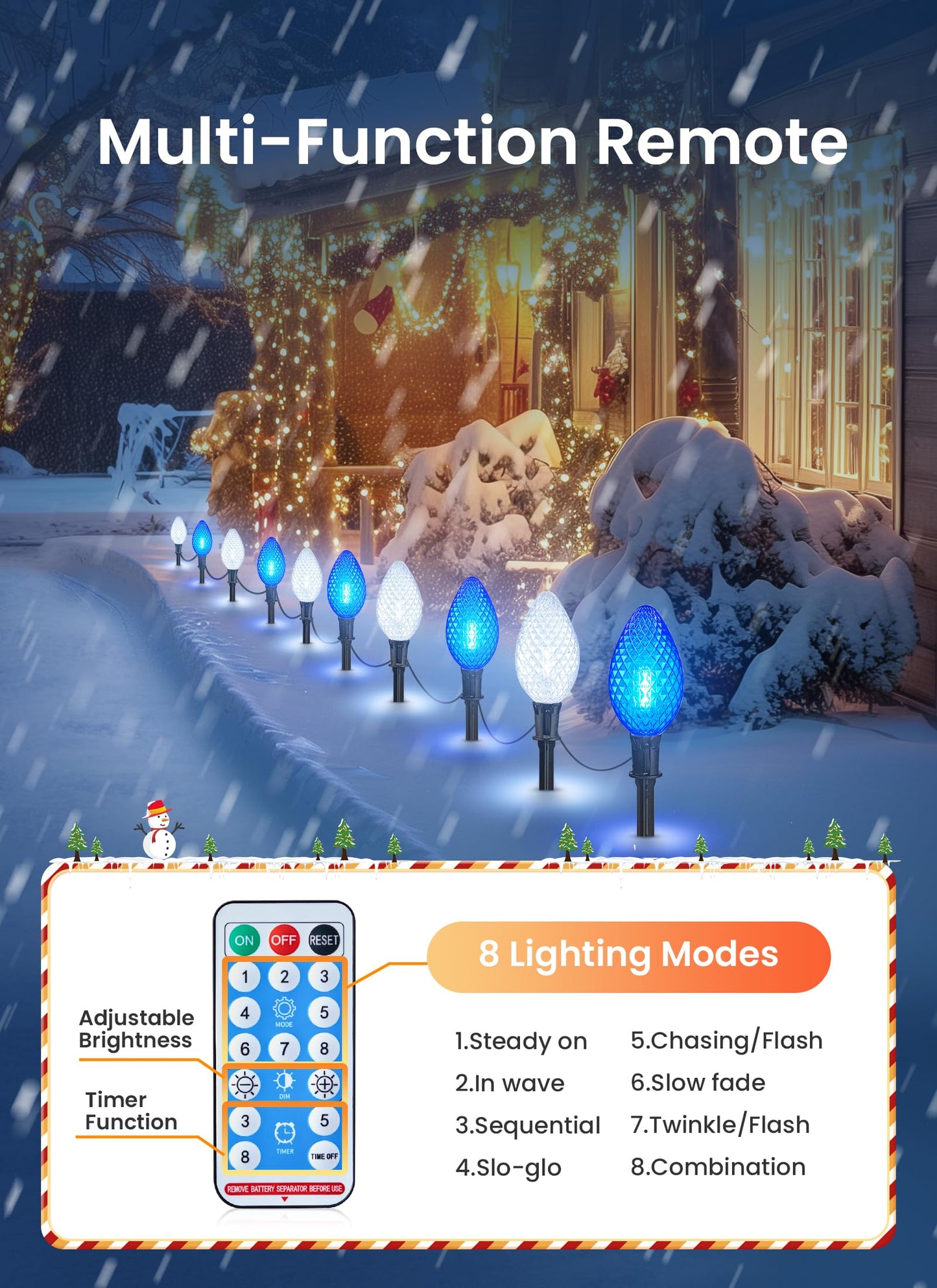 Minetom Solar Double C9 Christmas Pathway Lights, 10 LED, 16FT, Timer, 8 Modes, Strawberry-Blue & Pure White
