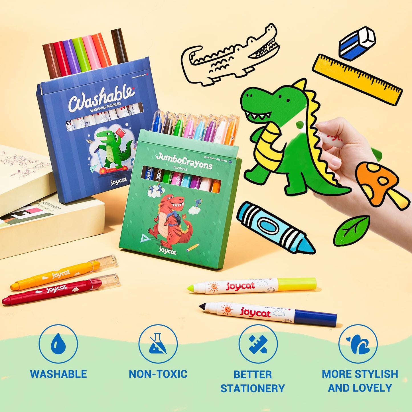 46-Piece Washable Back to School Supplies Gift Kit for Kids-Dinosaur Essential First Day Gift Set for Kindergarten & Elementary, Art Supplies & Refillable Tools, Ideal Kids Stationery Set for Boys.
