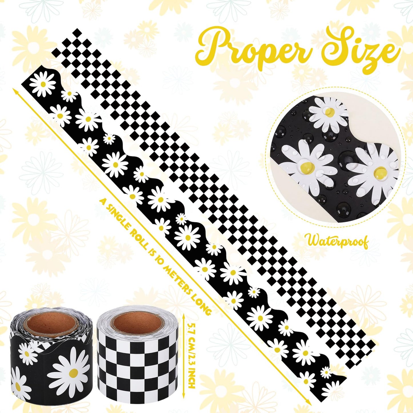 Trandraft 2 Rolls 65.6ft Daisy Checkered Bulletin Board Borders Decoration Black and White Checkerboard Board Borders Strips Summer Daisy Classroom Decor for Back to School Classroom Offices Party