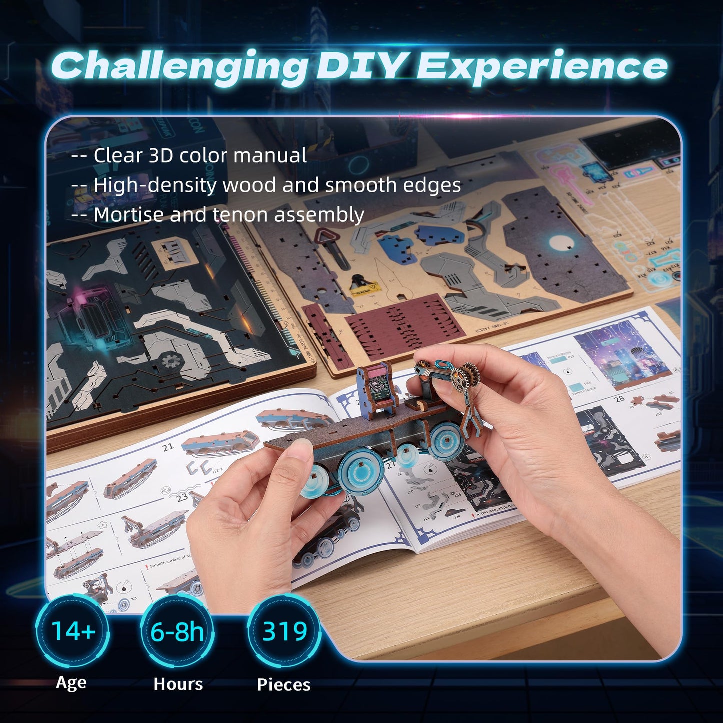 FUNPOLA 3D Wood Puzzle Book Nook Kit, Futuristic Miniature Bookshelf Insert with LED Lights, DIY Cyberpunk Bookend Décor for Display, Unique Craft for Adults and Teens (Endless Dimensions)