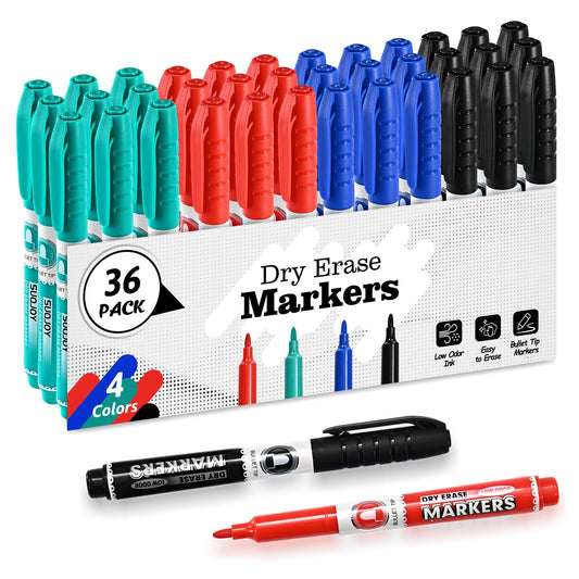 SUQJOY Dry Erase Markers, Fine Tip Whiteboard Markers, Low Odor Dry Marker, Fine Point Marker are pecfect for Whiteboard Mirrors Glass, 36 pack 4 Assorted Color Markers for School Office Home