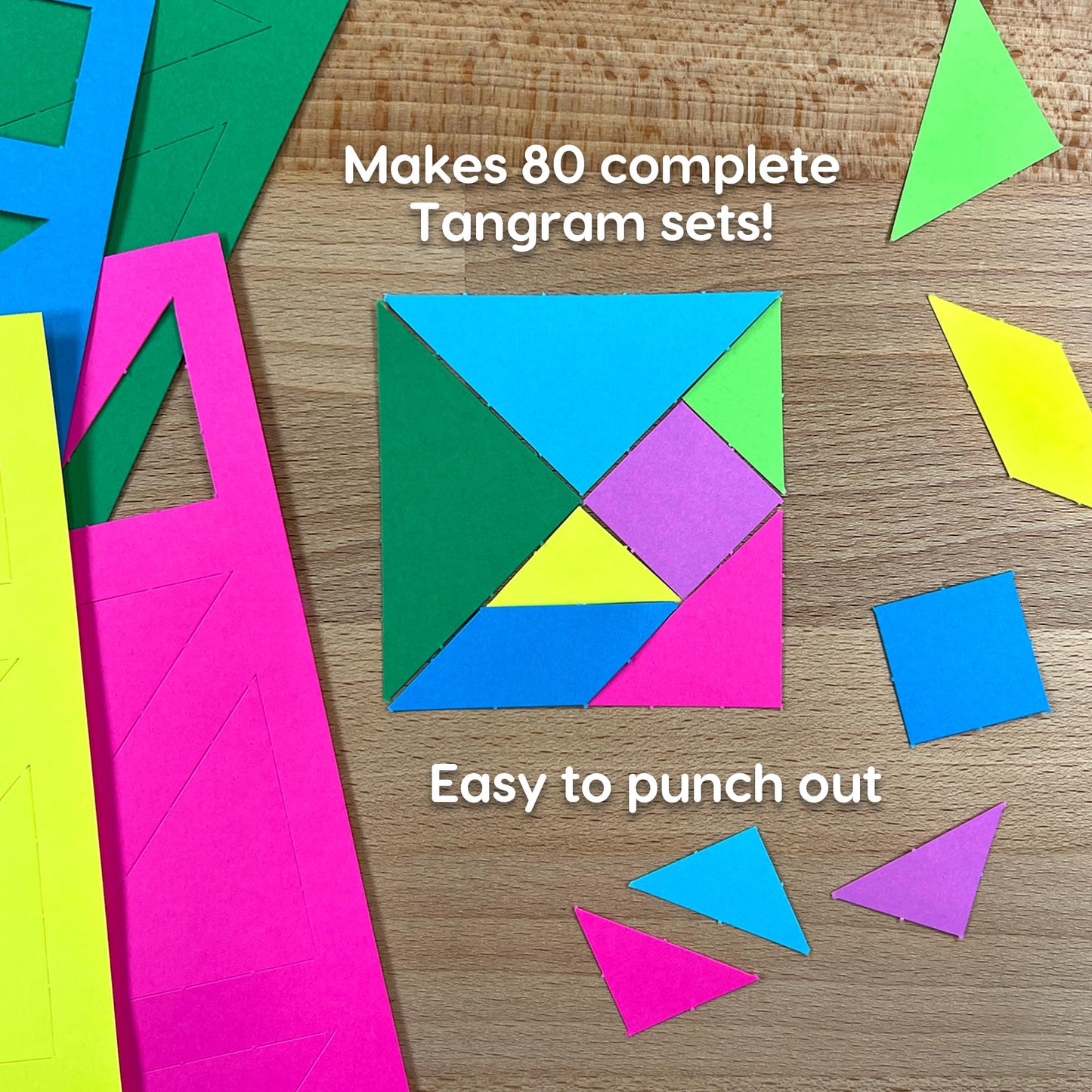 714 Pcs Tangram Shapes Easy Punch-Out Math Manipulatives for Learning Multicolor Triangles, Squares, Parallellograms Easy-Punch Paper Shape Cutouts in 7 Bright Colors US Made Card Stock