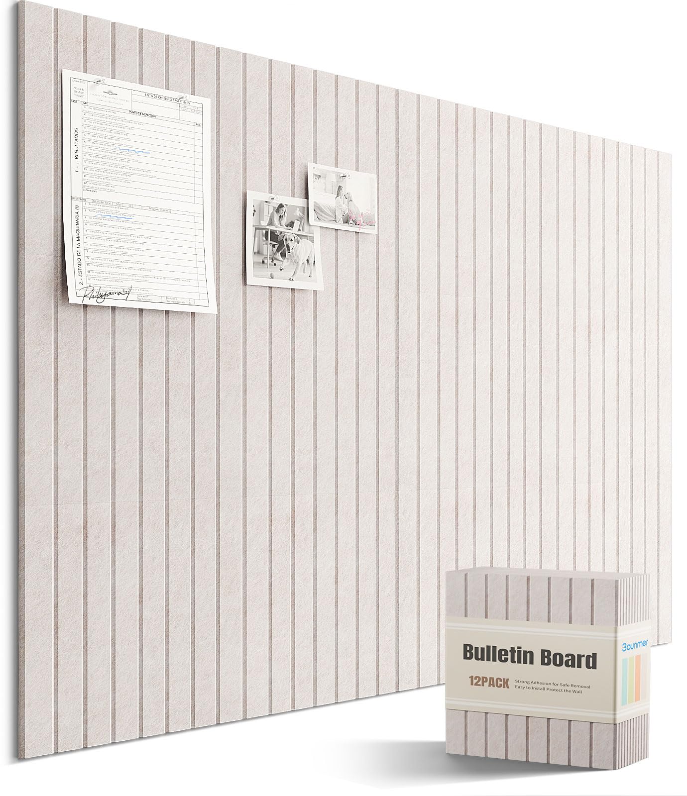 Bounmer Large Cork Board Alternative 48“ x 36”, 12-Pack Felt Bulletin Board Tiles with 60 Safe Removable Adhesive Tabs & 30 Pushpins, Cork Boards for Office Walls Decor (Oatmeal)
