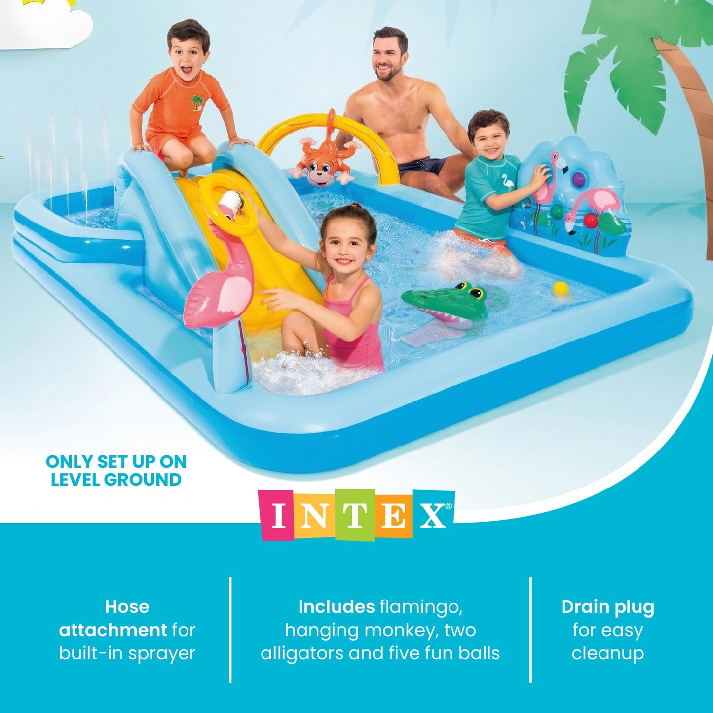 Intex 96" x 78" x 28" Inflatable Jungle Adventure Play Center Spray Kiddie Pool - Backyard Kids Water Slide, Outdoor Blow-Up Splash Pad for Toddlers