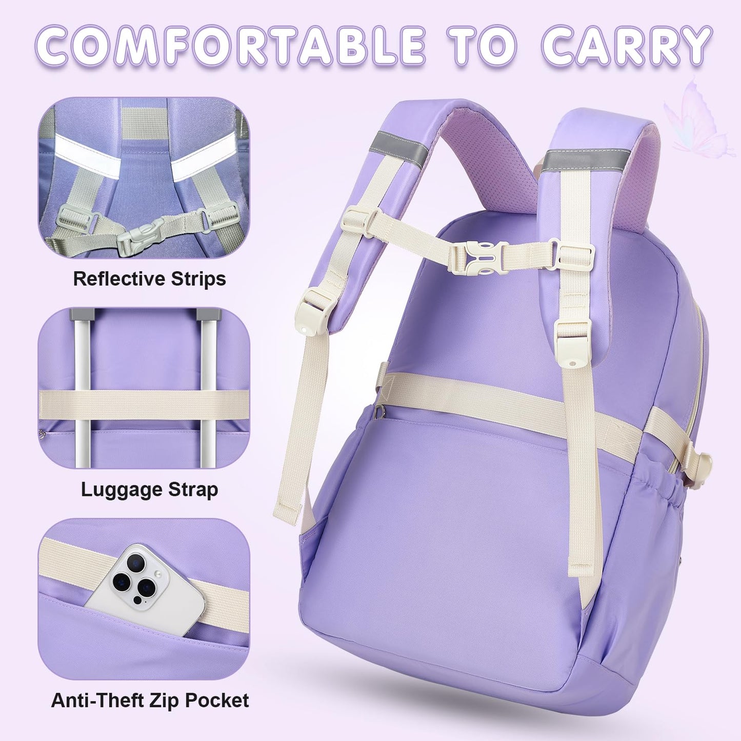 GeeWin Girls Backpack for School with Lunch Box & Pencil Case Set, 17 Inch Waterproof Cute Bow Girls Bookbag for Kids, Teens, Elementary Middle High College School Student (Purple/Beige)