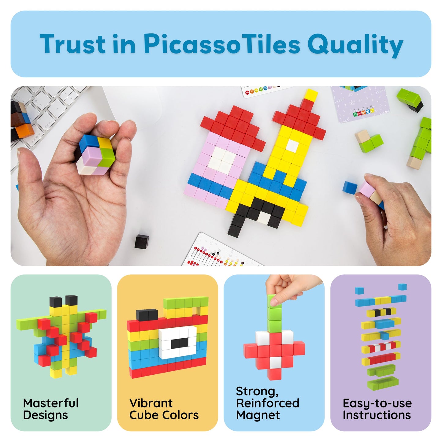 PicassoTiles 100pcs 0.5” Pixel Magnetic Puzzle Cube Mix & Match Cubes Sensory Toys STEAM Education Learning Building Block Magnets Children Construction Toy Set Stacking Magnet Creative Kit PMC100