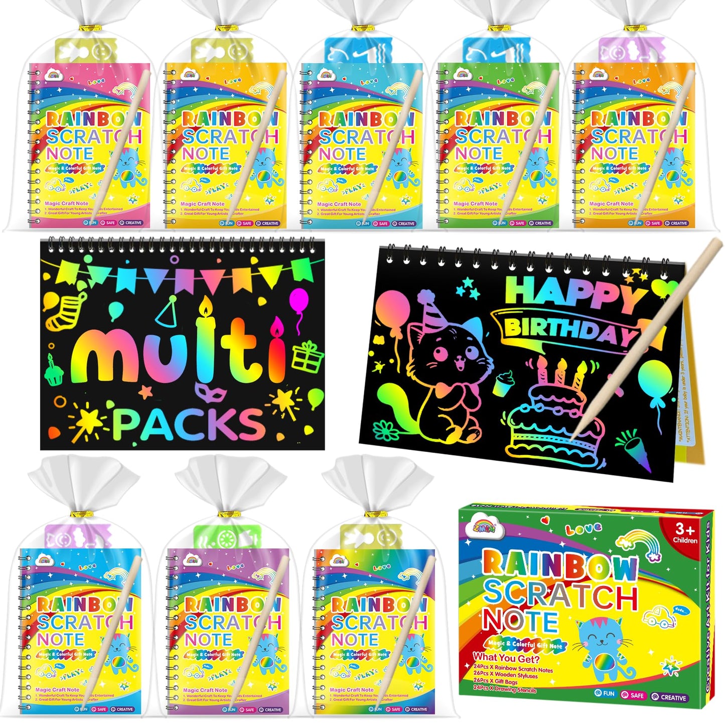 ZMLM 24 Pack Rainbow Scratch Art Party Favors for Kids 4-8 - Mess-Free Birthday Goodie Bags Stuffers, Classroom Prizes Grades 1–3 Creative Paper Notebooks for Pre-K Kindergarten Gifts