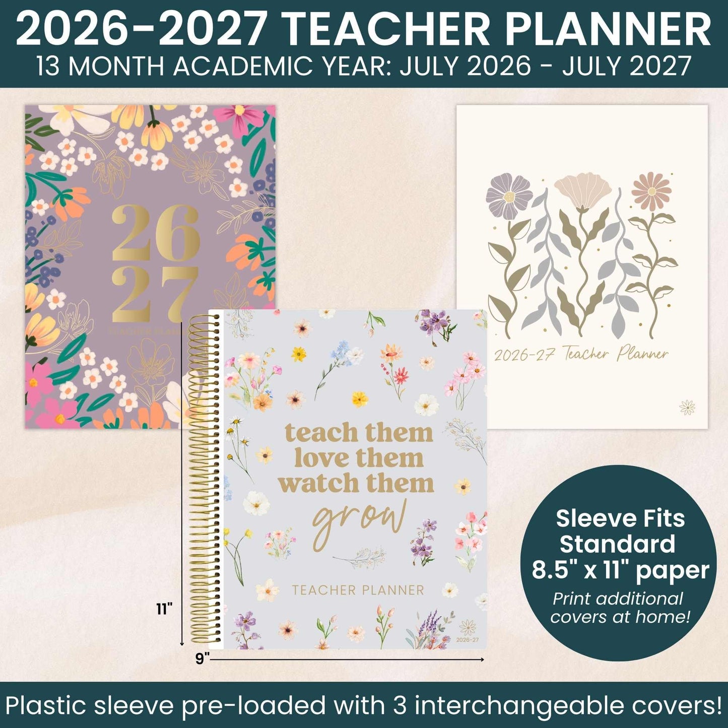 bloom daily planners 2026-2027 Academic Year Teacher Planner & Calendar - 7 Period Lesson Plan Organizer Book for Classroom or Homeschool - 9" x 11" (Interchangeable Cover) - Cool Tones
