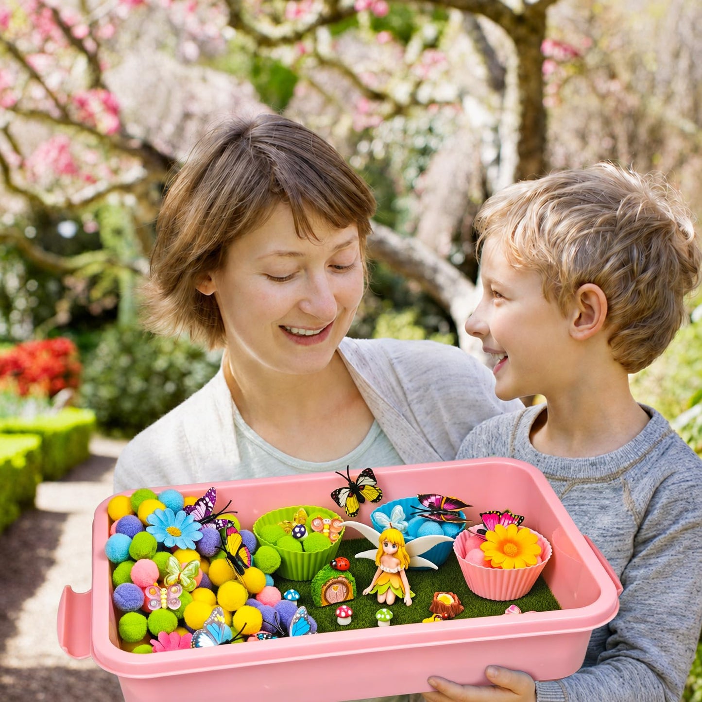 Cinrobiye 197 Pcs Butterfly Sensory Bin Fillers Set with Storage Box, Floral Garden Fairy Theme Decorations, Nature Inspired Materials for Picnic Sensory Bins, Spring Summer Home Activities