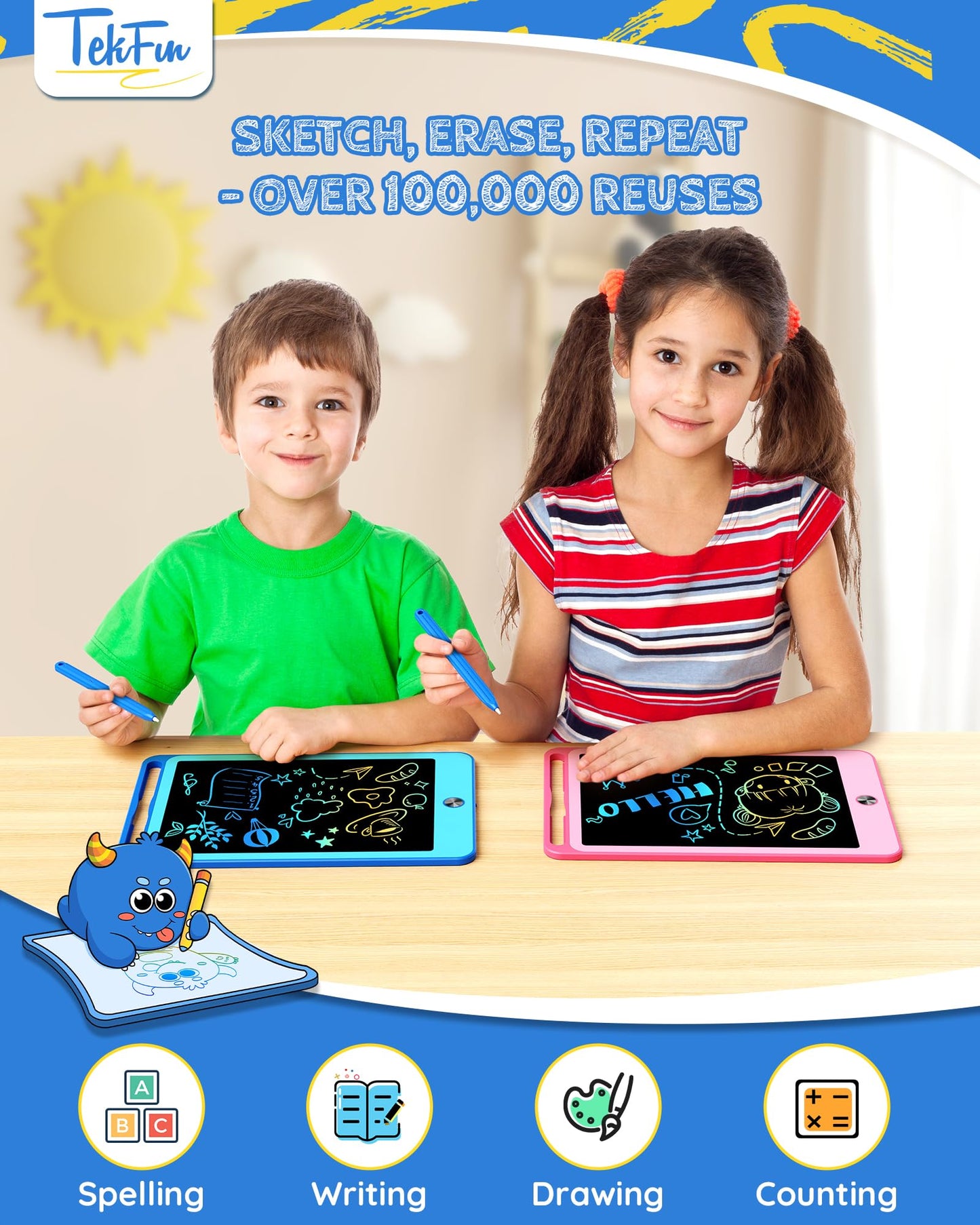 TEKFUN 2 Pack LCD Writing Tablet for Kids, 10 Inch Blue+Pink Doodle Board Drawing Board Reusable Drawing Tablet with Lanyard, Educational Kids Toddler Toys Birthday Gift for Boys Girls 3-12 Years Old