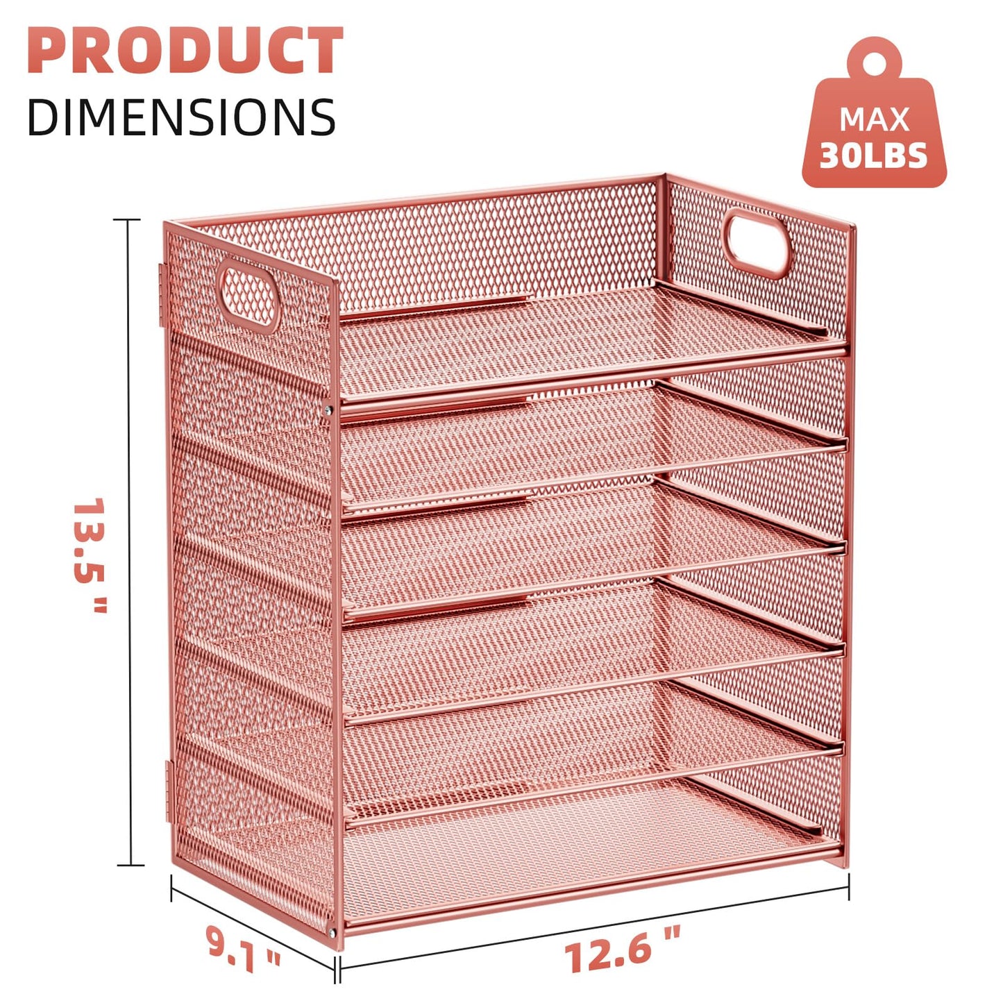 Marbrasse 6 Tier Paper Organizer Letter Tray - Mesh Desk File Organizer with Handle, Paper Sorter Organizer for Letter/A4 Office File Folder Holder - Rose Gold