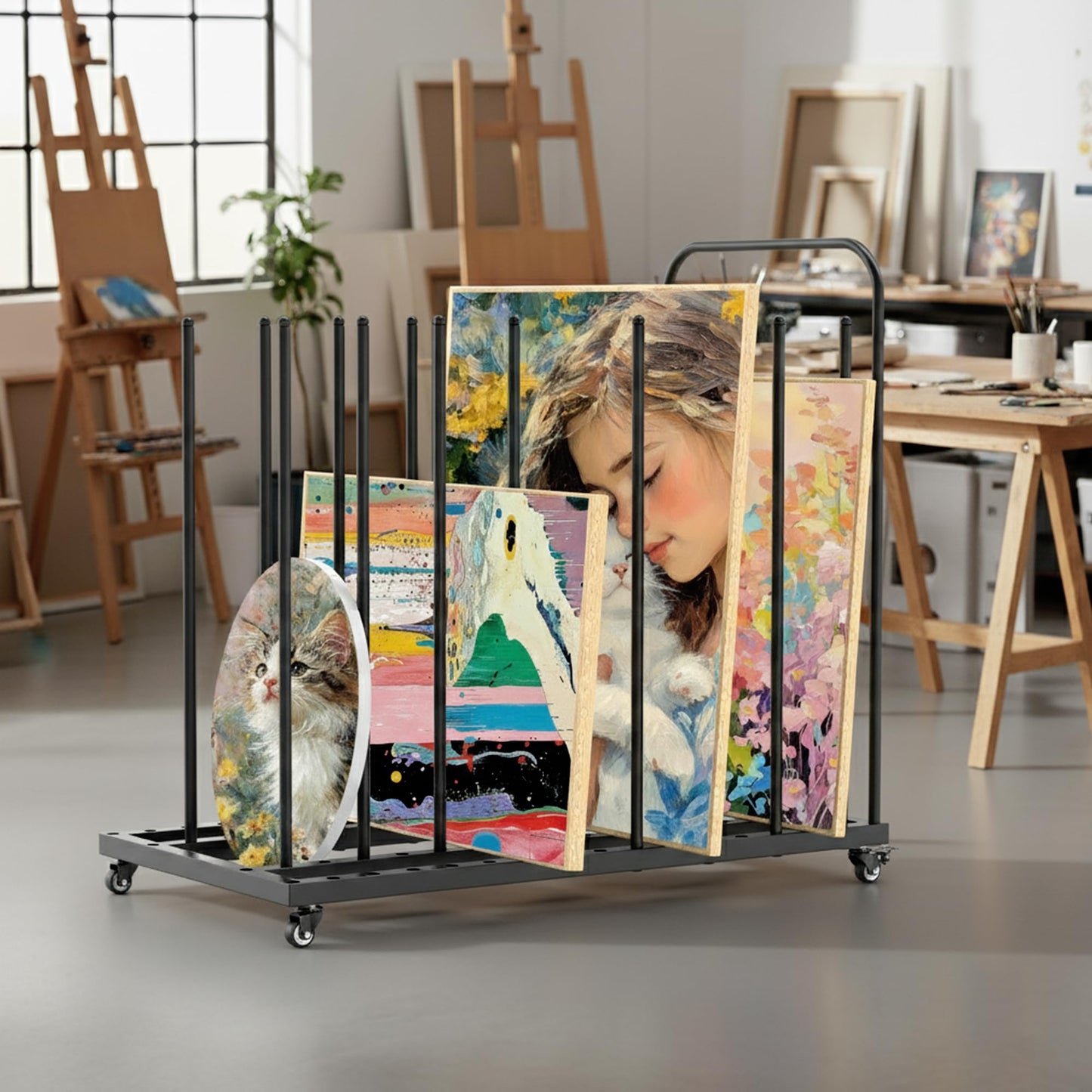 GARVIN Art Storage Rack with Caster Wheels, Art Drying Rack Metal Storage Stand with 7 Slots, Heavy-Duty Canvas Organizer for Artwork, Prints and Panels for Art Studio, Classroom and Gallery