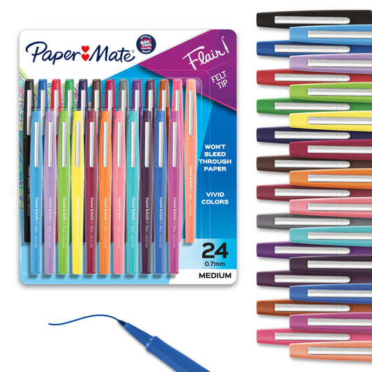 Paper Mate Flair Felt Tip Pens, Medium Point, Assorted Colors, 24 Count - Home, Office, Back to School, Teacher Supplies