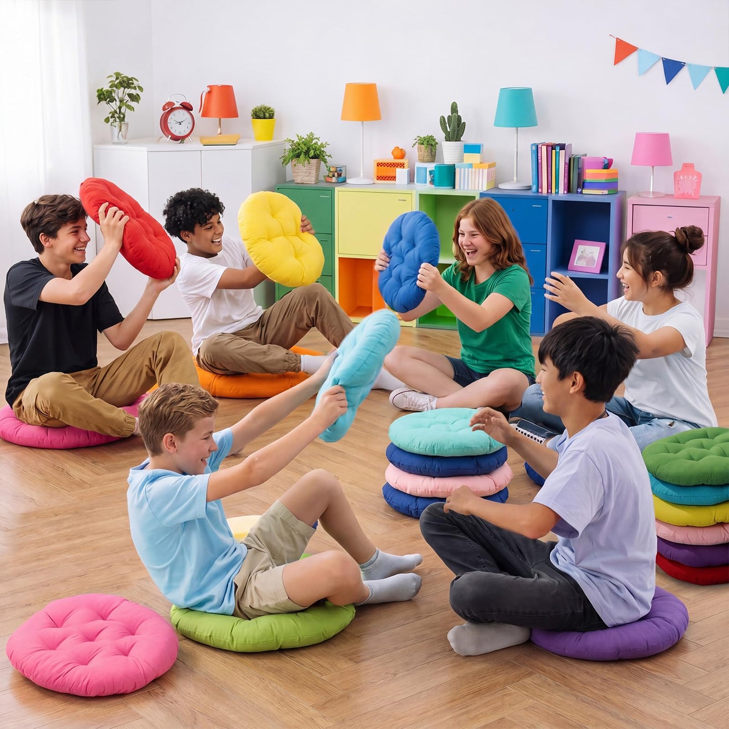 Fumete 12 Pcs Round Floor Pillows Cushions Seating 16 x 16 Inches Floor Round Cushions for Kids Toddlers Flexible Reading Chair Pillows for Classroom Home School Playing Supplies(Classic)