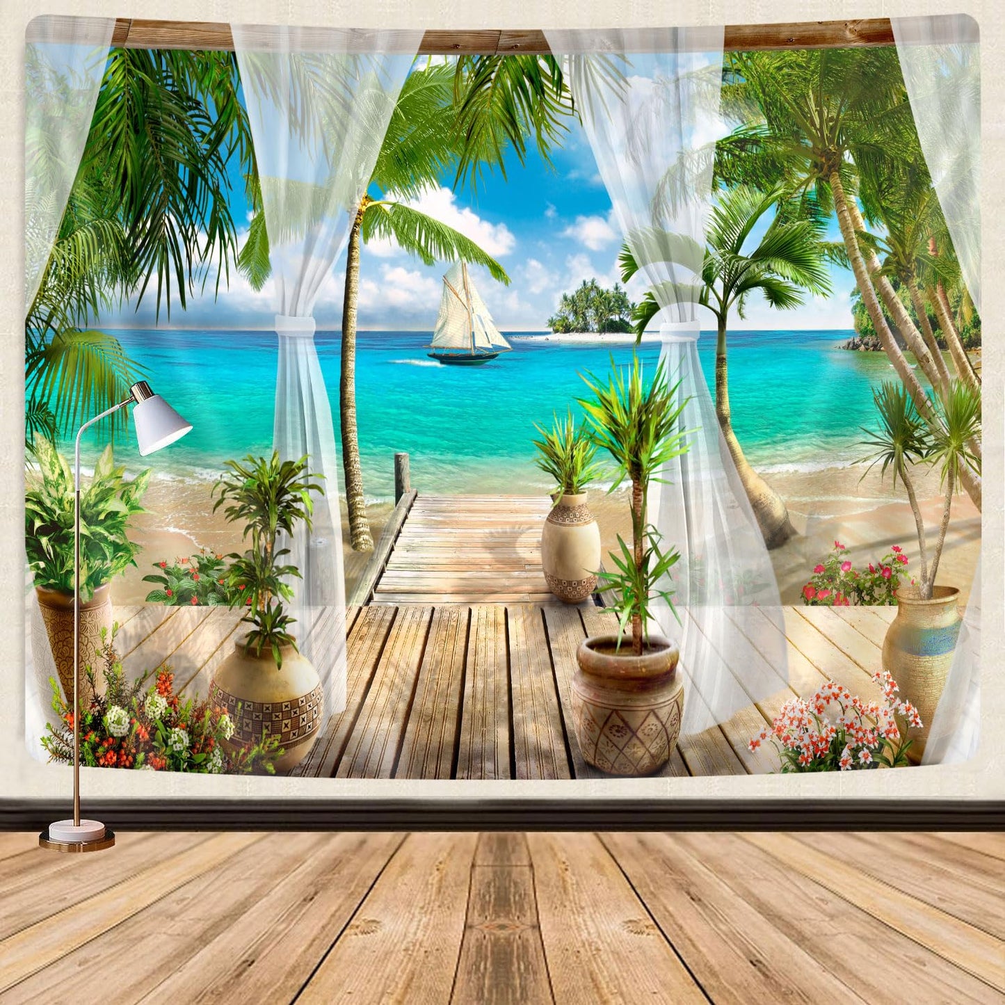 Ocean Beach Tapestry, Nature Coconut Palm Tree Garden Scenery Window Tapestries Wall Hanging for Bedroom College Dorm Decor, Summer Tropical Sea Hawaii Landscape Outdoor Poster Blanket 60X40 Inch