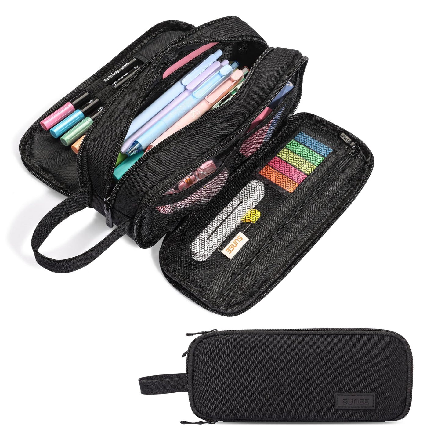 SUNEE Large Capacity Pencil Case with 3 Compartment, Extra Big Pencil Pouch, Pencil Bag with Zipper, Cute High Stationery Organizer, Oxford Pen Box School Supplies for Student Teen Girls Boys, Black