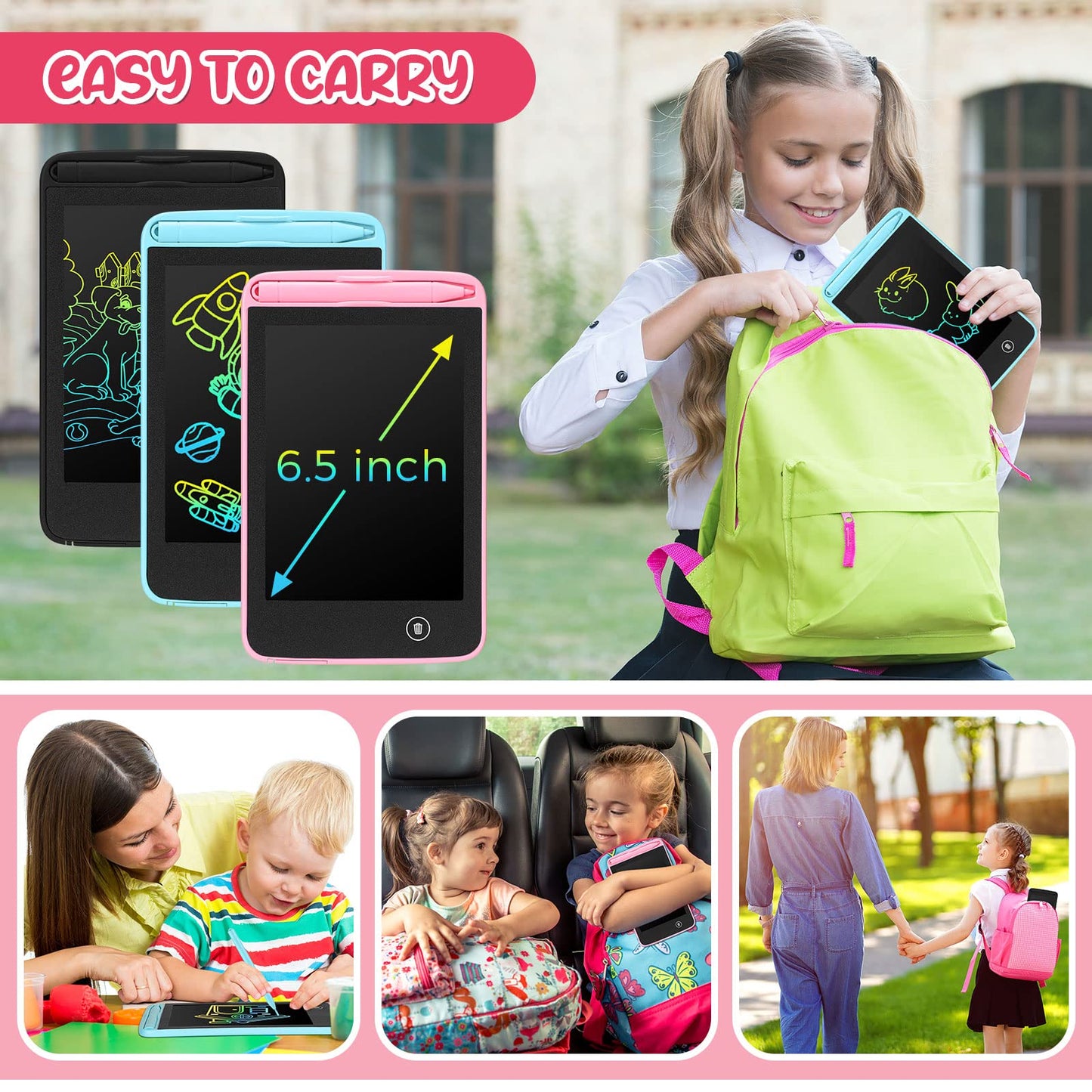 Zhehao 20 Pcs LCD Writing Tablet for Kids 6.5 Inch Colorful Doodle Board LCD Writing Board Kids Portable Electronic Drawing Board Erasable Drawing Pad Reusable Writing Pad for Kid (Black, Blue, Pink)