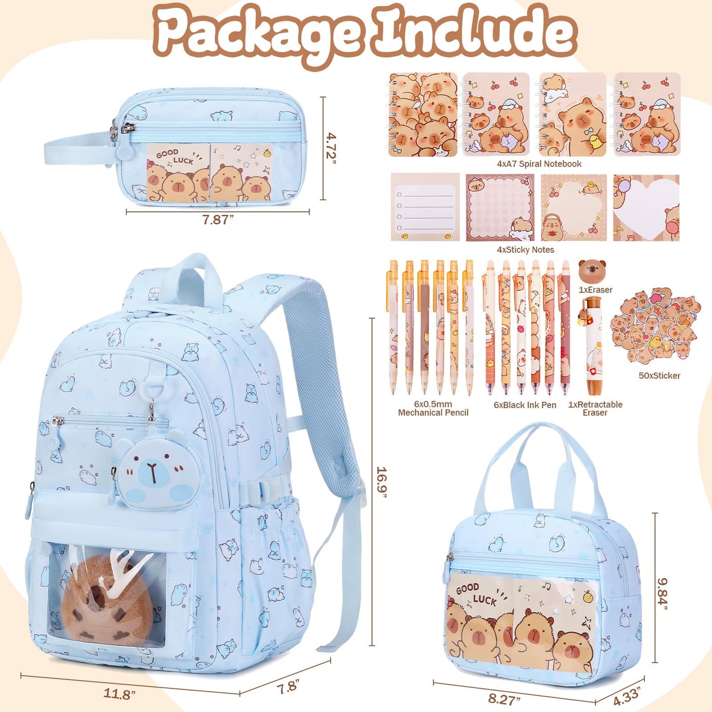 Similove Capybara Theme Backpack for School Girls, 35PCS Kids Backpack Set with School Supplies Stationery Kit Lunch Box Pencil Case, Cute Girls Bookbag for Kindergarten Elementary Student