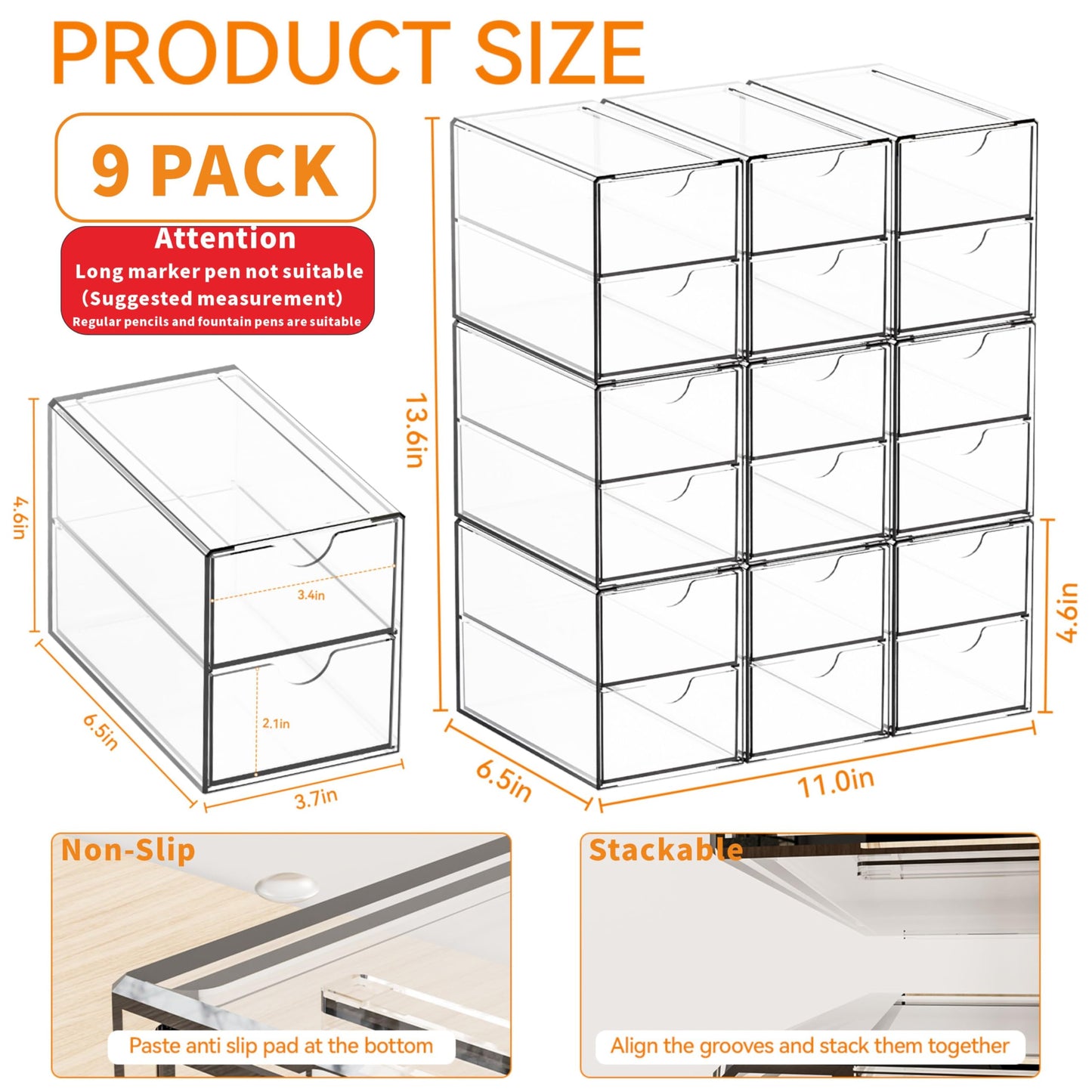 Yieach 9 Pack Small Acrylic Drawers With 18 Drawers,Clear Drawer Organizers Stackable,School,Office Supplies Organizer And Storage Bins for Stationery,Pen,Pencil,Craft,Glasses,Sunglass Organizer Case