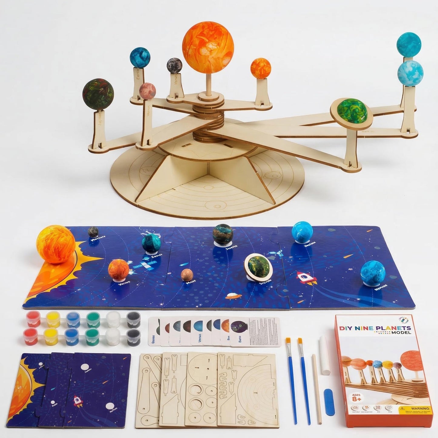 Nine Planets DIY Solar System Model for Kids - Complete Solar System Kit for Kids 8+ Years Old - Includes Wood Model & Puzzle with Fact Cards - Science Kits for 8-12 Years Old
