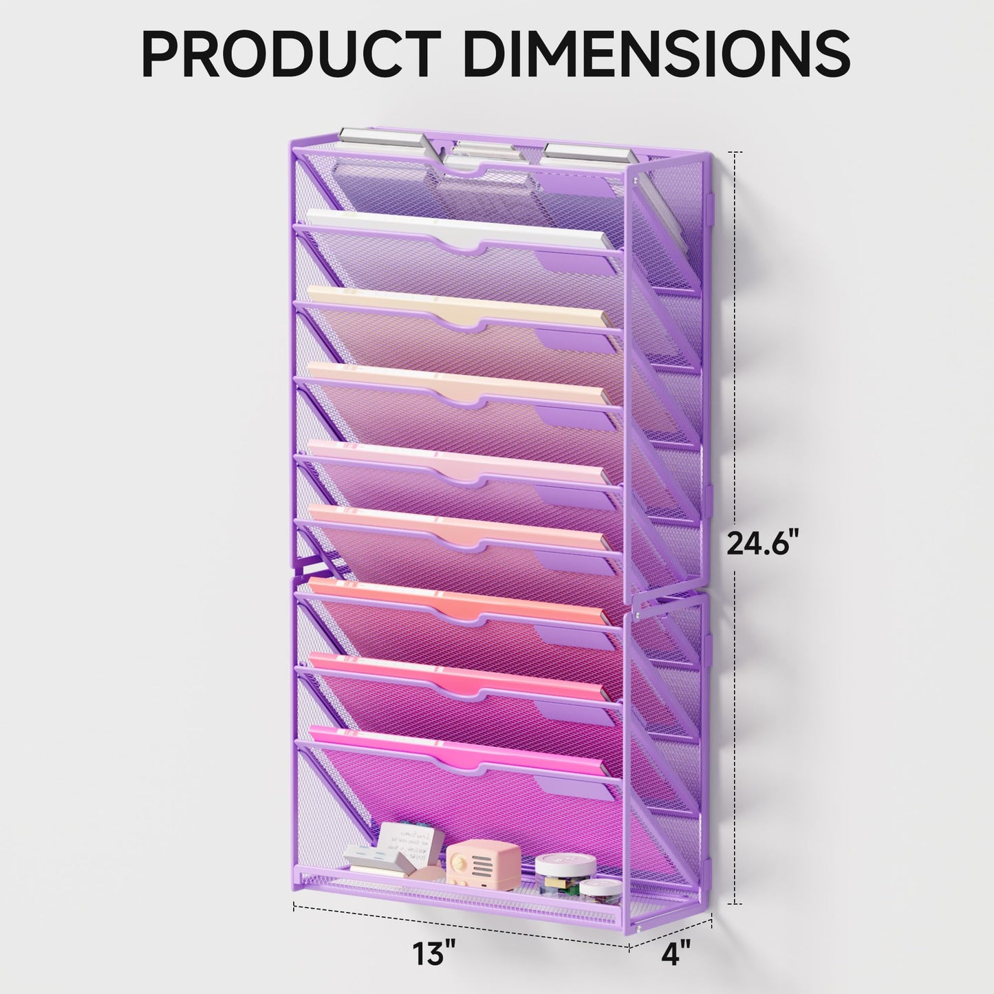 Lavatino Hanging Wall File Folders Organizer - 10-Tier Purple Metal Mesh Paper Magazine Document Mail Holder File Organizer for Office School Home Wall Mount or Desk Supplies Organization