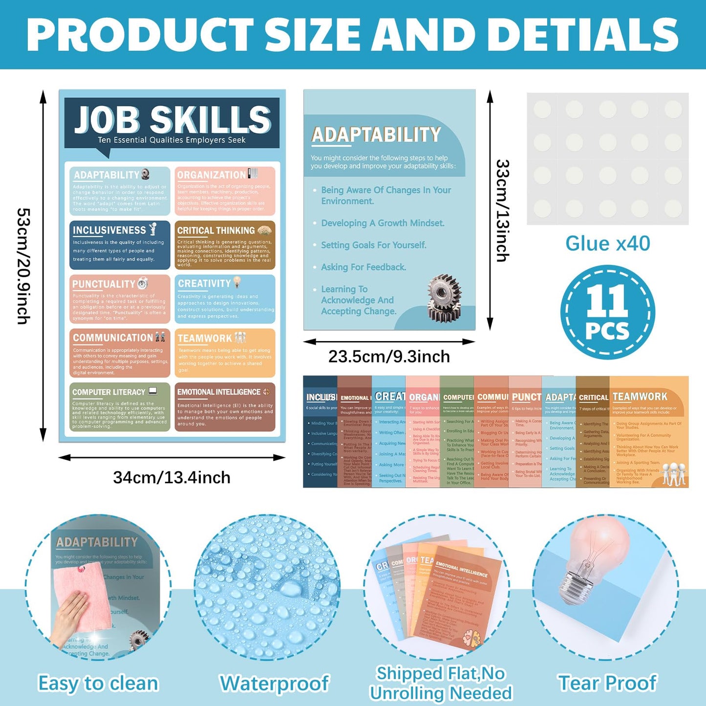 Fullhawl 11 Pcs Job Skills Posters Educational Bulletin Board Set for College High School Classroom Decorations Essential Qualities Employers Seek Posters for Library Reading Corner Wall Supplies