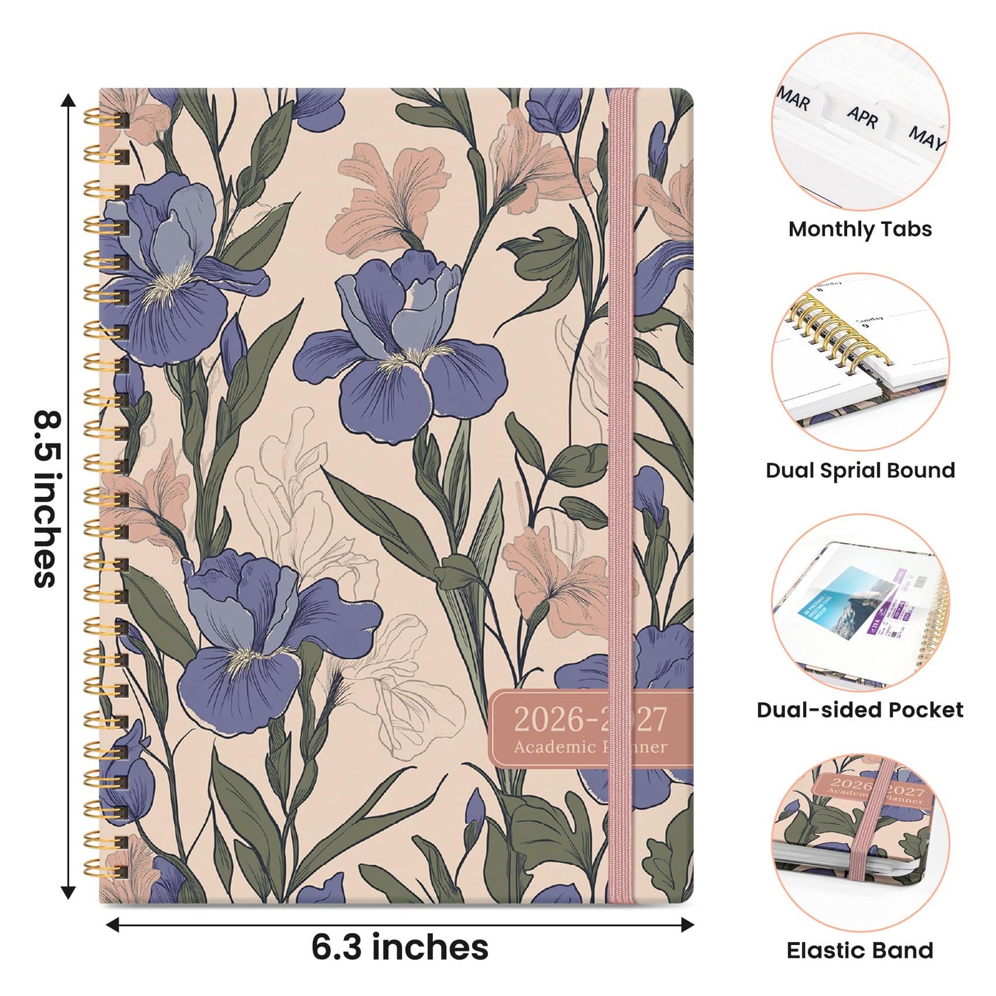 Academic Planner 2026-2027, Monthly and Weekly Calendar Planner, July 2026 - June 2027, Pretty Hardcover Teacher Student Planning Agenda Book with Tabs, Fit for School Office Supplies, 6.3" x 8.5", Lilac Garden