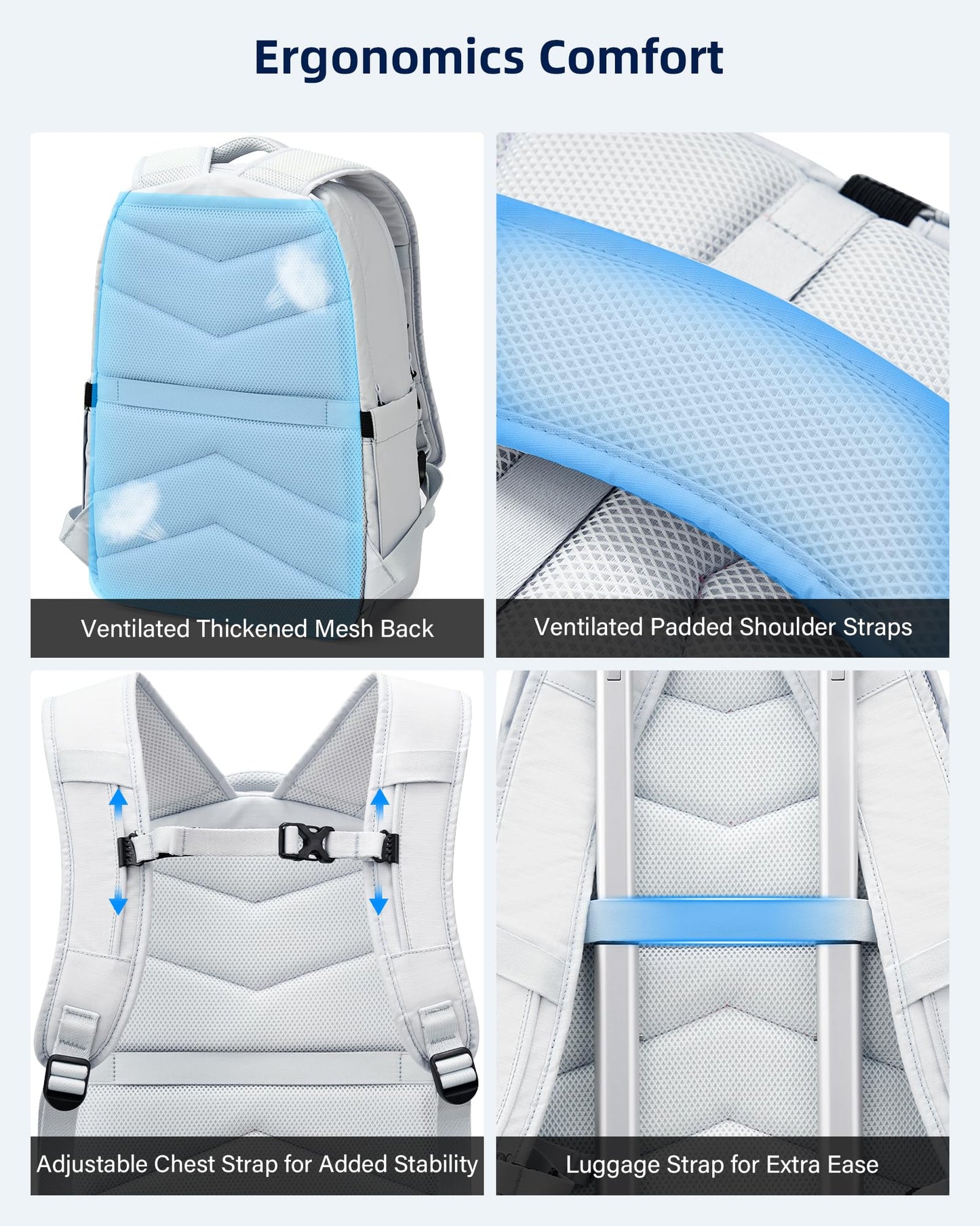 HanTrip Travel Laptop Backpack for Women Men, Large Work Backpack for Commuter College School Book Bags, Reflective Water Resistant Backpack with Luggage Strap Bottle Pocket Chest Strap, Glacier White