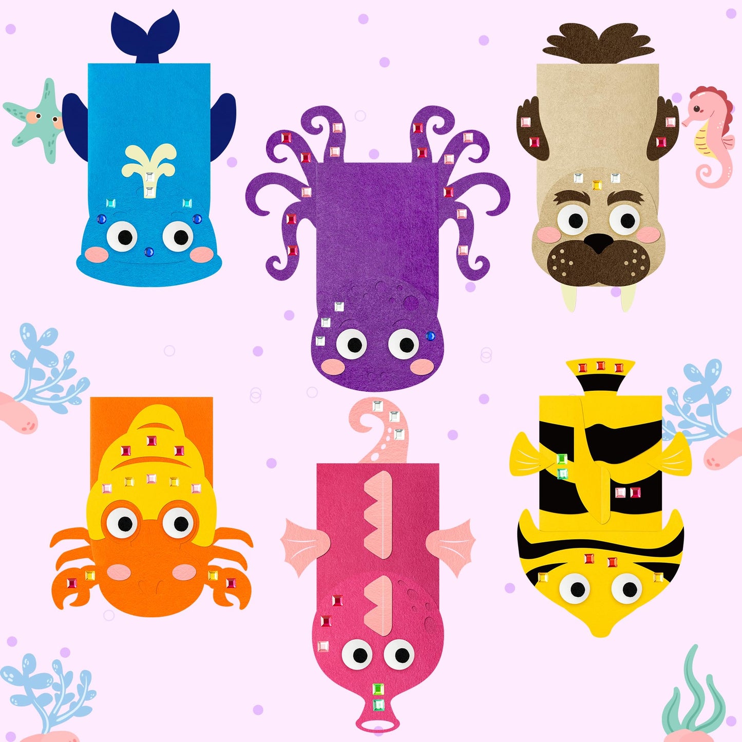 WATINC 6Pcs Hand Puppet Making Kit, Art Craft Felt Sock Puppet Toys, Creative DIY Make Your Own Pompoms Wiggle Googly Eyes Storytelling Role Play Party Supplies Gift for Girls Boys (Ocean Animals B)