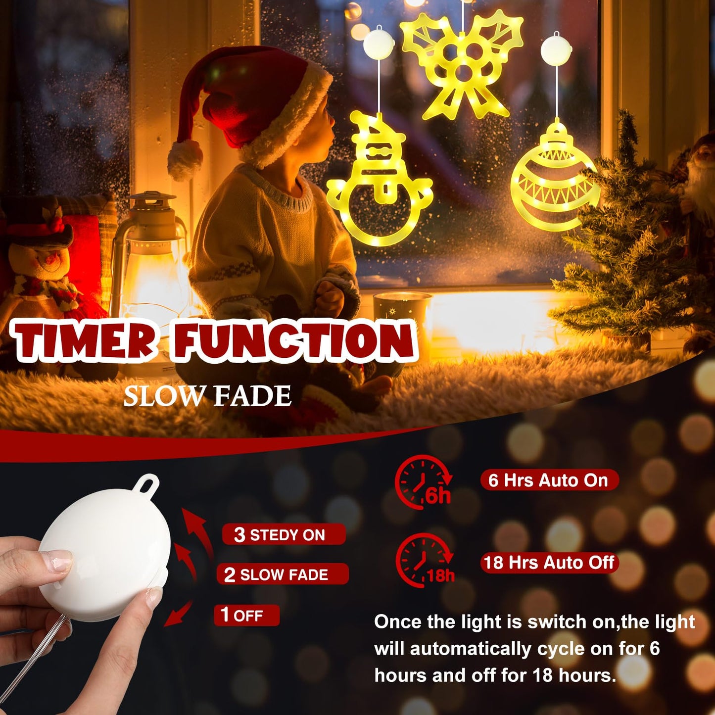 Gejoy Christmas Window Lights - 6 Pcs Warm White Acrylic Silhouette Decor, Timer Suction Cup, GJ-Gejoy-887, Cute Style