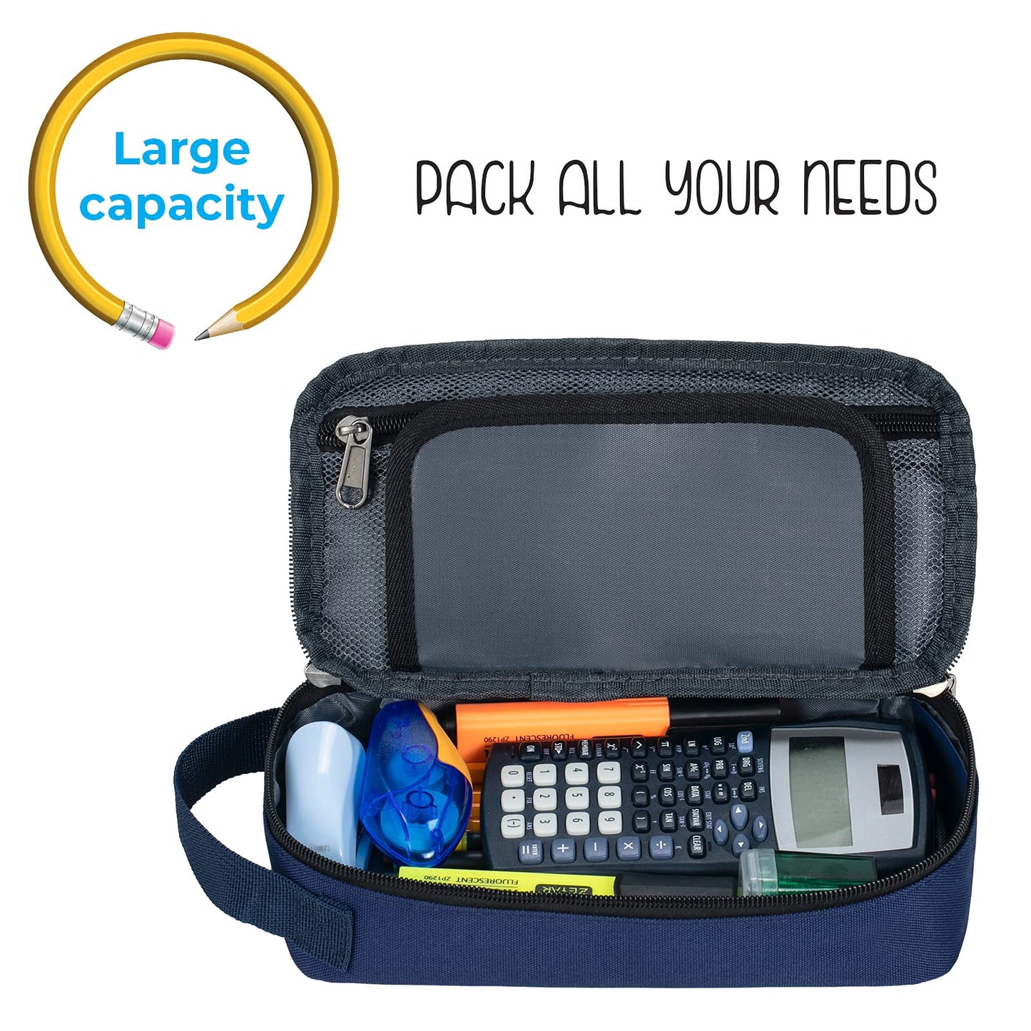 ECHSRT Large Pencil Case, Aesthetic Pen Pouch with Big Capacity, Minimalist Portable Stationery Bag with Handle for Office Organizer Blue Pencil Cases