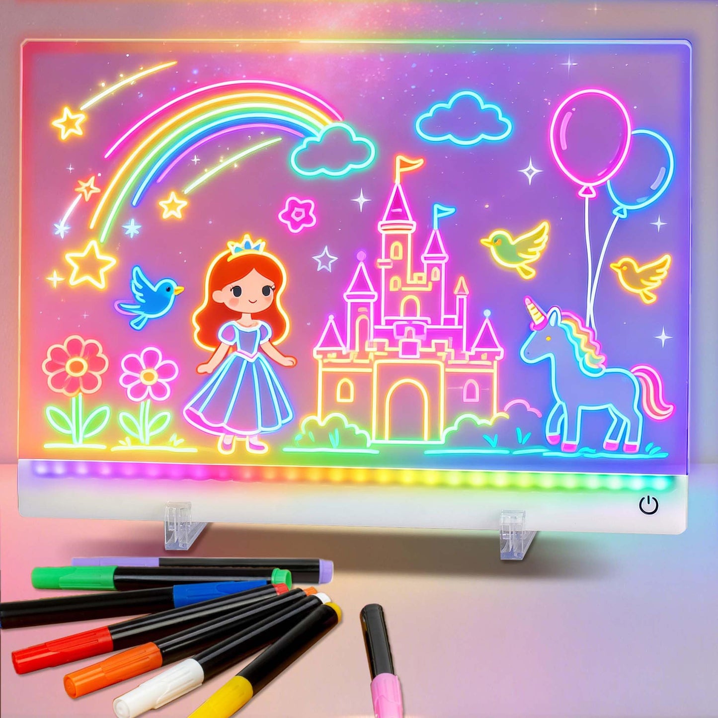 Rechargeable LED Drawing Board for Kids, 13.8 x 10 Dry Erase Board, 4 Modes &7 Colors Glowing Doodle Note Board, Include Hanging Chain, 2 Stands, 8 Markers, Spray Bottle, Cleaning Cloth, Girls Gifts