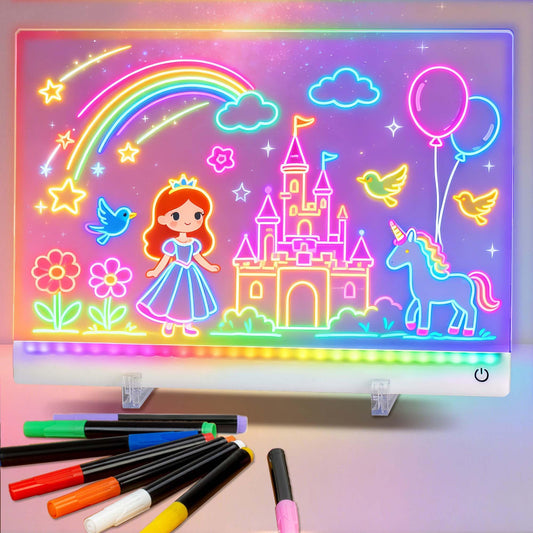 Rechargeable LED Drawing Board for Kids, 13.8 x 10 Dry Erase Board, 4 Modes &7 Colors Glowing Doodle Note Board, Include Hanging Chain, 2 Stands, 8 Markers, Spray Bottle, Cleaning Cloth, Girls Gifts