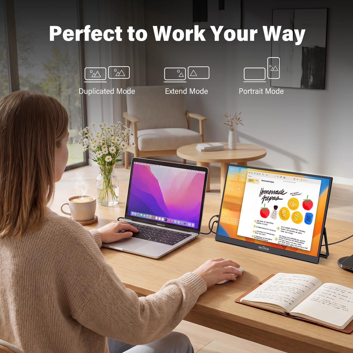 InnoView 15.6" Portable Monitor 60Hz 4K UHD 3840x2160 | 100% sRGB HDR | Travel Monitor with 2 USB-C & HDMI Ports | Second Screen for Laptop Mac PC Xbox PS5 Switch (Includes Adapter)